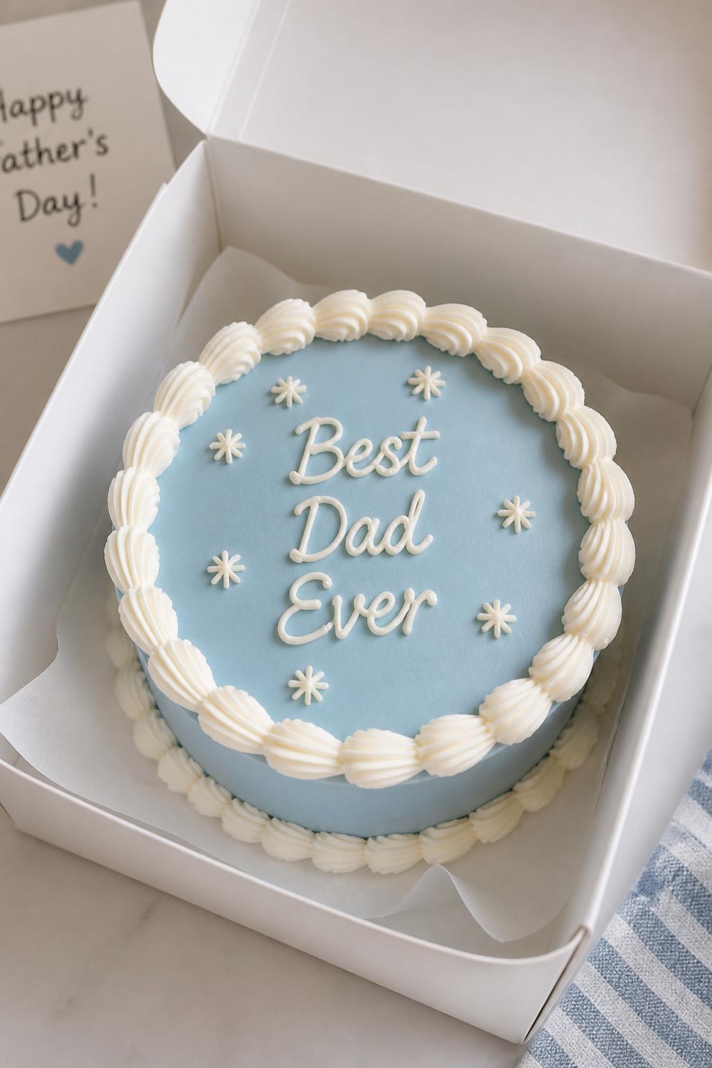 Image Prompt:
A cute Father’s Day bento cake inside an open white cake box, smooth pale blue frosting, white piped shell border, handwritten icing text reading “Best Dad Ever,” tiny cream star accents, soft celebratory styling, realistic close-up bakery photography, no people, no hands, no faces, no watermarks on images