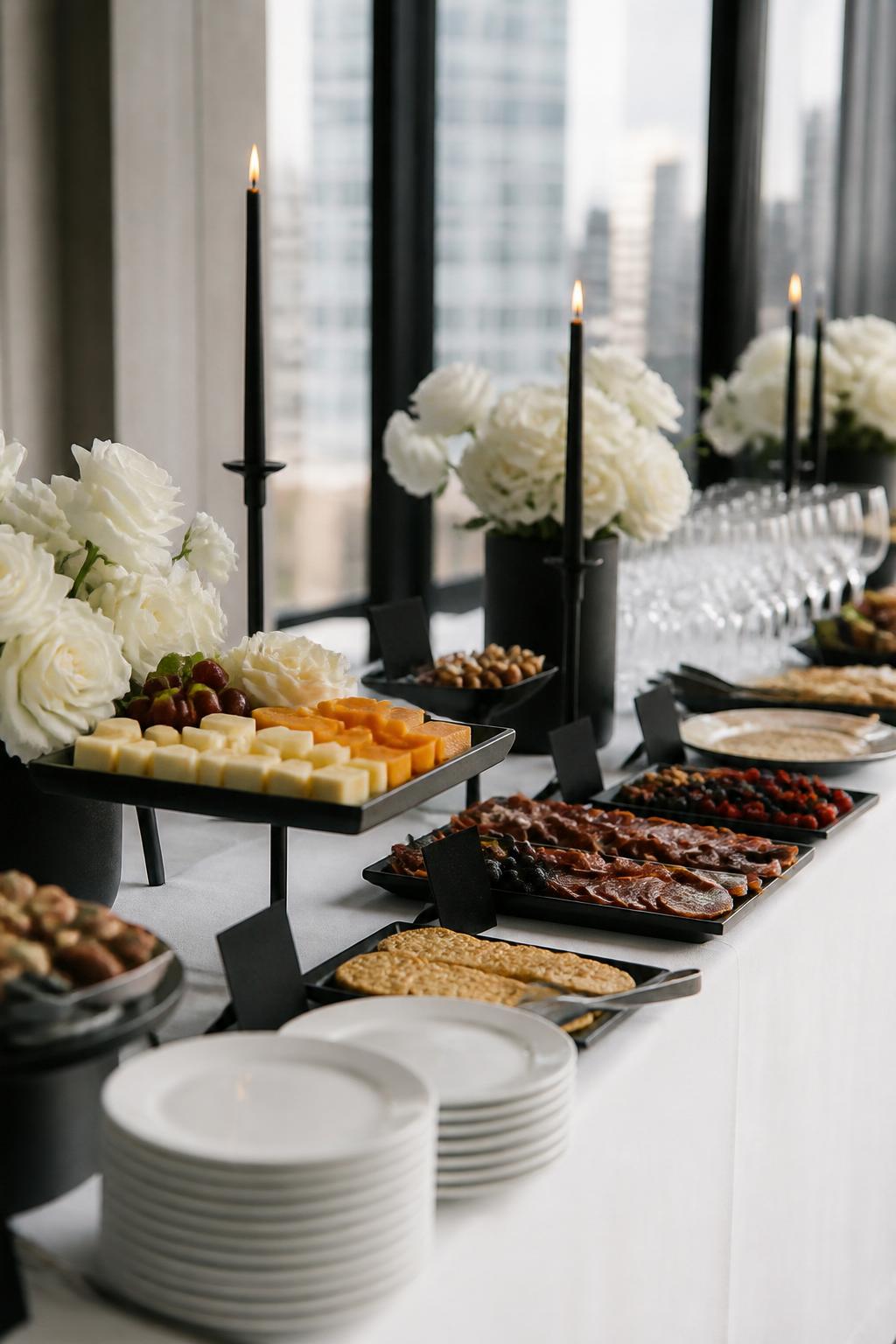 Image Prompt:
A sleek modern wedding buffet table with white linen, matte black serving trays, black taper candles placed safely away from food, white roses in low black vases, white plates, black menu-style labels with no readable text, and clear glassware. Clean city reception setting, no visible faces, no text, no watermark, professional DSLR wedding photography.
