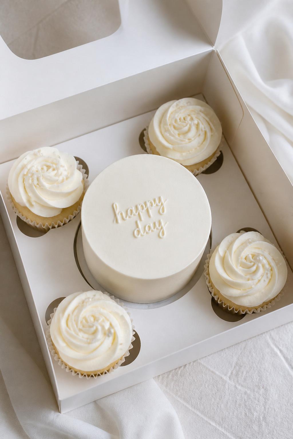 Image Prompt:
A cool minimal bento cake with cupcakes set arranged neatly in a white bakery gift box, one small round bento cake in the center with smooth white buttercream frosting and simple handwritten icing text reading “happy day,” surrounded by four matching white frosted cupcakes with tiny pearl sprinkles and neat piped swirls, clean modern styling, soft natural light, elegant editorial dessert photography, no people, no hands, no faces, no watermarks on images