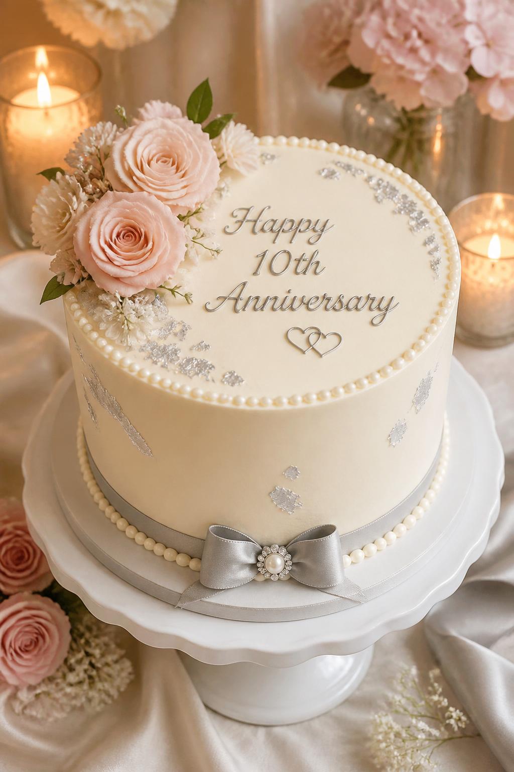 Image Prompt: A romantic 10th anniversary cake with smooth ivory buttercream, soft blush roses, silver leaf accents, pearl borders, and pale gray ribbon detail around the base. Style it on a white cake stand with blush flowers, silver candles, warm lighting, and elegant linen. Make it sweet, refined, and realistic, no people, no faces, no watermark. (no watermarks on images)