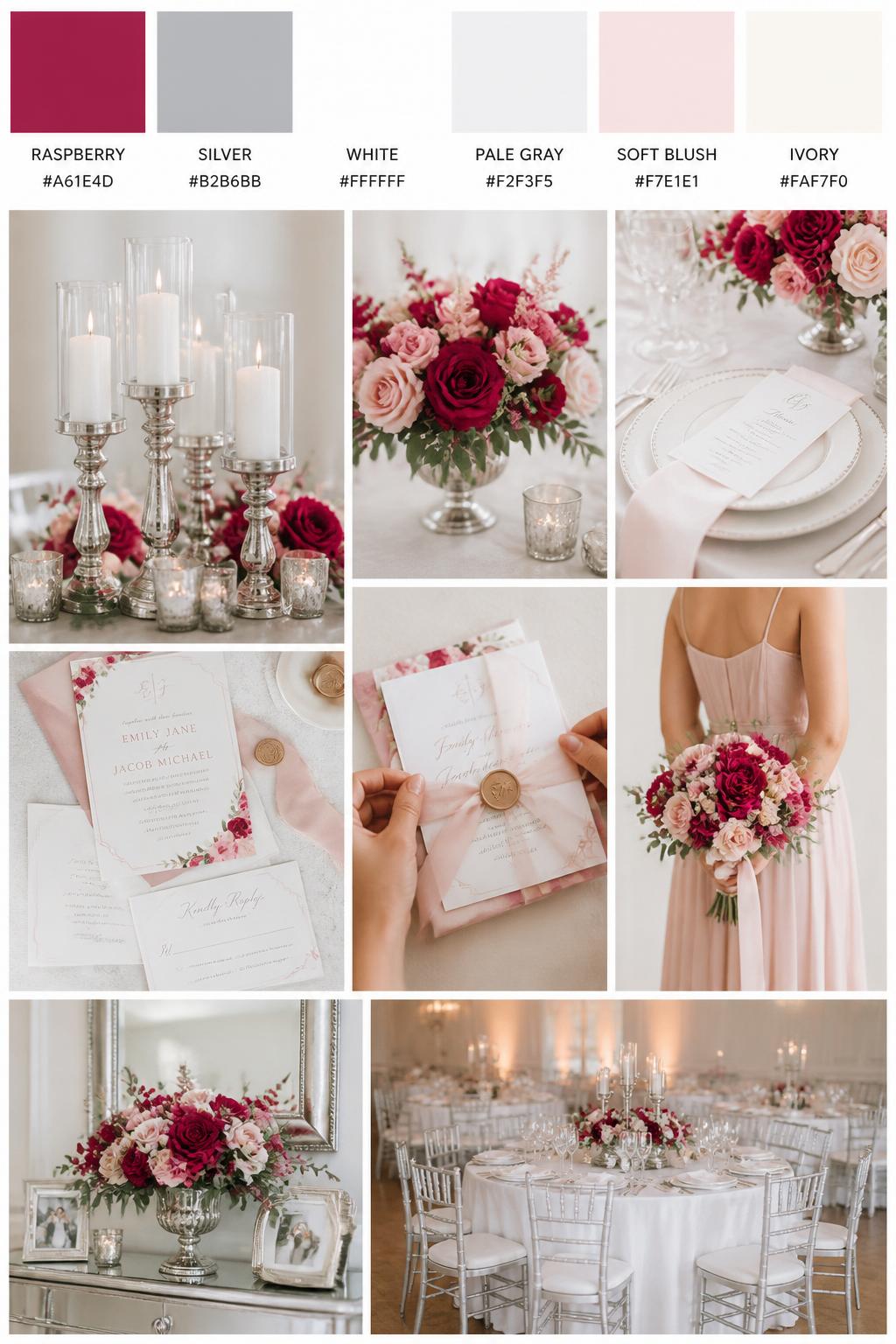 A realistic wedding color palette collage with a top row of swatches and hex codes in raspberry, silver, white, pale gray, soft blush, and ivory. Below, show realistic wedding details such as silver candle holders, raspberry florals, white table styling, elegant stationery, hands tying an invitation suite, a cropped-from-neck bridesmaid dress detail, and a softly lit reception setup. Keep all people shown from the back, side, or cropped below the face, and include some no-people decor scenes for variety. The mood should feel polished, fresh, and romantic with DSLR-quality realism. 9:16 vertical format. (no watermarks on images)