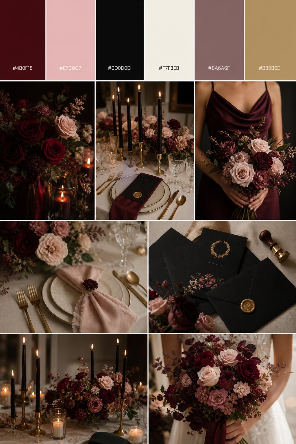 A realistic dark romantic wedding color palette mood board in a Pinterest-style collage layout. Add a top row of color swatches with small hex codes in deep burgundy, soft blush, matte black, ivory, muted mauve, and antique gold. Below the swatches, show a stylish wedding collage with burgundy roses, blush garden flowers, black taper candles, ivory table linens, gold flatware, a cropped-from-neck bridesmaid dress shot in burgundy fabric, hands holding a bouquet with no faces visible, and elegant black wedding stationery with wax seals. Keep the mood romantic, moody, cute, and polished with soft candlelight and DSLR-style realism. 9:16 vertical format. No full faces, no distorted faces, no extra text except small hex codes on the color strip. (no watermarks on images)