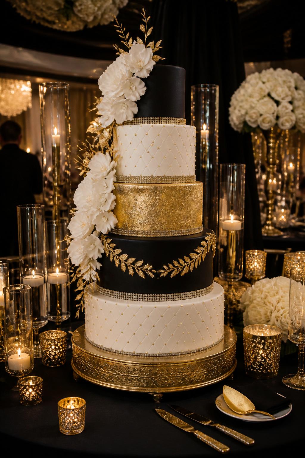 Image Prompt: Ultra-realistic wedding party scene showing a black, white, and gold bling wedding cake with sharp tiers, gold accents, sparkling crystal details, and a dramatic elegant finish. Place the cake on a luxury reception cake table with dark romantic decor, candles, black and gold styling, and a formal evening wedding backdrop. Keep the scene realistic and refined. No visible faces. If people are present, show only hands, back views, or softly blurred cropped figures. Make the cake look believable, stylish, and professionally designed. Editorial wedding photo style, ultra-realistic, high detail. (no watermarks on images)