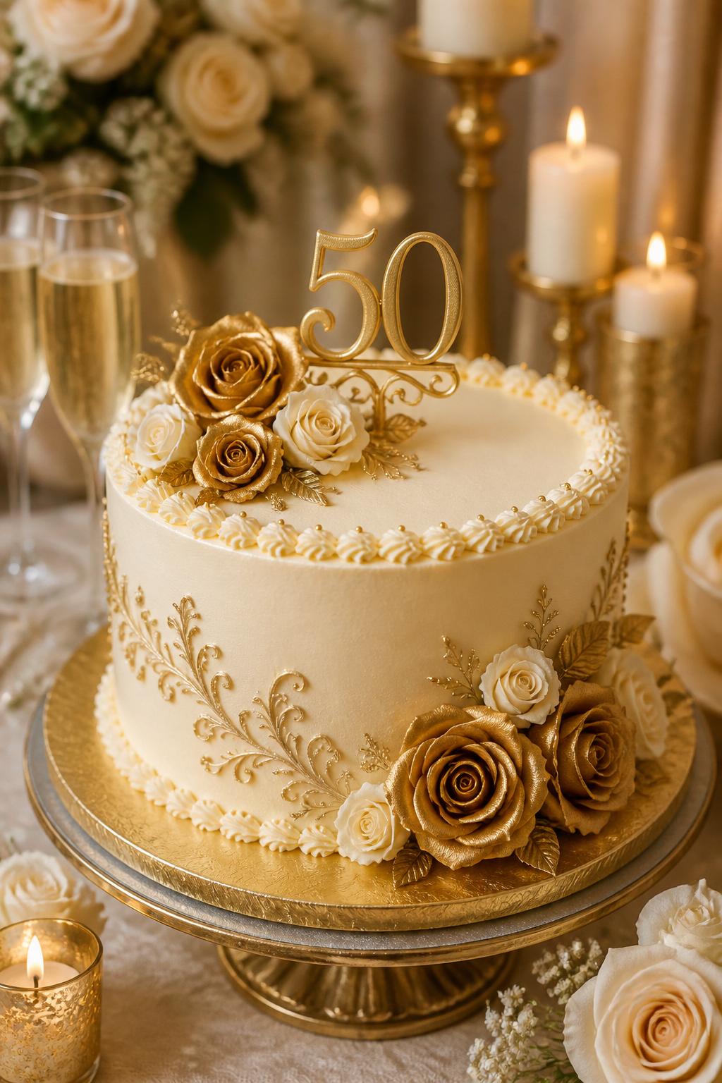 Image Prompt: A romantic golden wedding anniversary cake with smooth cream buttercream, metallic gold sugar roses, ivory roses, delicate piped borders, and a small elegant “50” topper. Style it on a warm dessert table with gold candles, champagne glasses, and cream floral decor. Make it look luxurious, romantic, and realistic, no people, no faces, no watermark. (no watermarks on images)