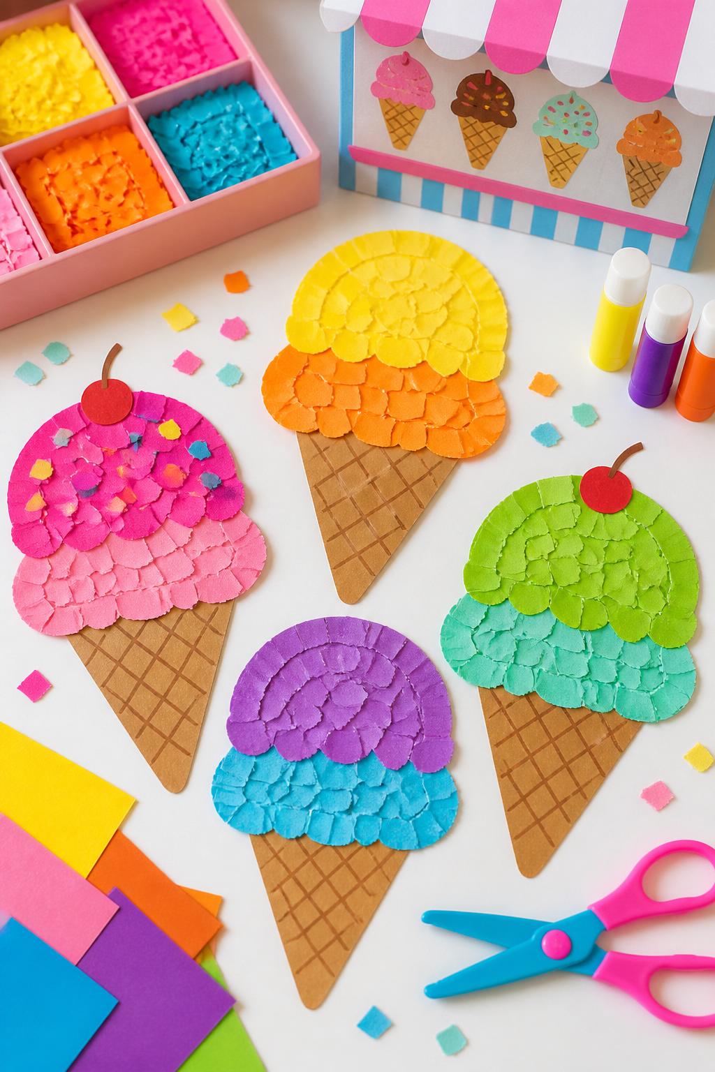 Detailed Image Prompt:
A colorful kids’ art photo showing paper mosaic ice cream cones, cone and scoop shapes filled with small torn paper squares in bright summer colors, glue sticks, paper scraps, and scissors nearby, clean white craft table, playful ice cream shop theme, no people, no faces, no readable text, no watermark on images.