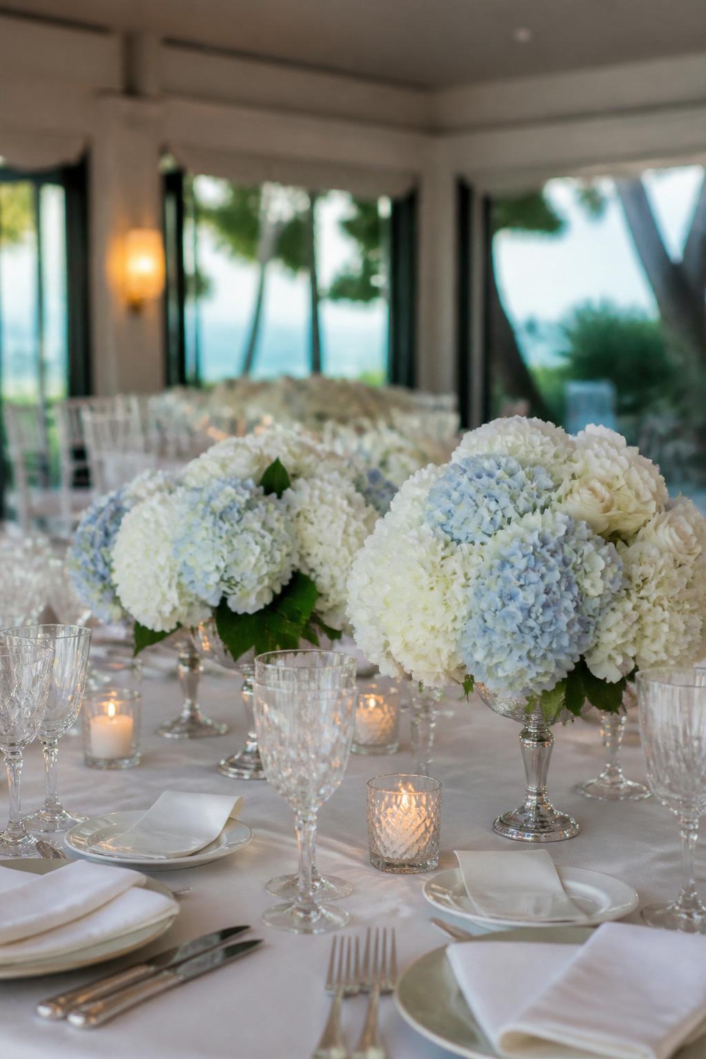 Image Prompt:
A refined wedding table photo showing white and pale blue hydrangea centerpieces in classic glass or silver vases, paired with white linen, silver flatware, crystal glasses, white plates, and soft candlelight. Country club or coastal estate wedding reception setting, no visible faces, no text, no watermark, realistic DSLR editorial photography, (no watermarks on images)