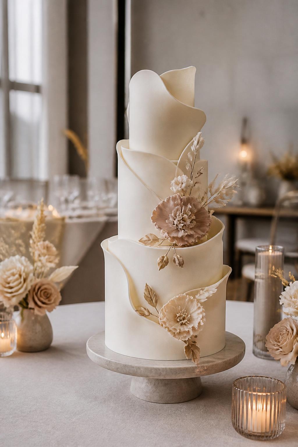 Image Prompt: A modern sculptural anniversary cake with soft curved tiers, asymmetrical shapes, ivory buttercream, and subtle beige sugar flowers. Place it on a simple stone cake stand in a modern reception space with neutral linen, candles, and soft natural light. The cake should look artistic, refined, and editorial, with realistic texture, no people, no faces, no text overlay, no watermark. (no watermarks on images)