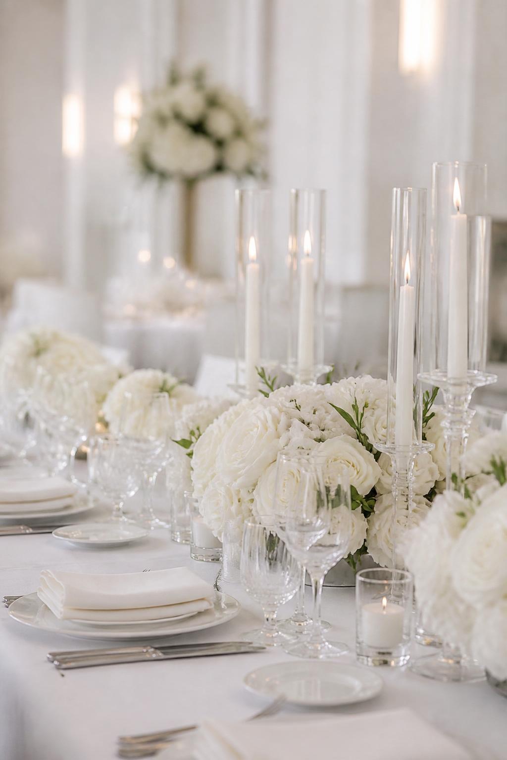 Image Prompt:
An elegant editorial wedding table image featuring low white rose arrangements paired with clear glass candle holders, ivory taper candles, white linen, white plates, clear crystal glassware, and soft folded napkins. Bright refined reception venue, no visible faces, no text, no watermark, realistic wedding magazine photography, (no watermarks on images)