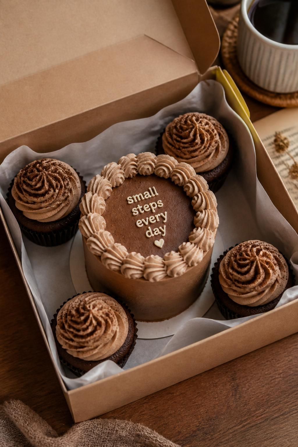 Image Prompt:
A rich chocolate mocha themed bento cake with cupcakes set inside an open kraft bakery box, one small round bento cake with mocha brown frosting, cream piped border, and a short message on top, surrounded by four matching chocolate cupcakes with mocha swirls and cocoa dusting, cozy cafe-inspired styling, warm natural light, realistic editorial dessert photography, no people, no hands, no faces, no watermarks on images