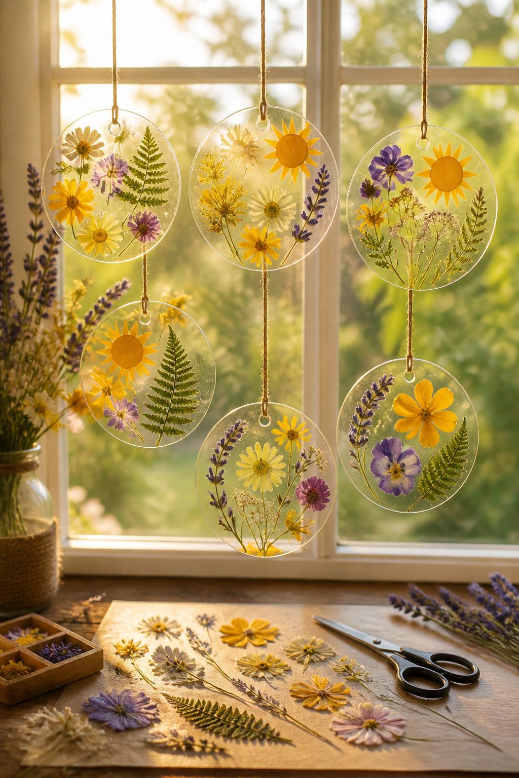 Detailed Image Prompt:
A dreamy summer solstice craft photo showing pressed flower sun catchers hanging in a bright window, clear round contact paper circles filled with small pressed daisies, lavender, fern leaves, yellow petals, and tiny paper sun shapes, sunlight glowing through the flowers, craft table below with extra dried flowers and scissors, soft golden afternoon light, no people, no faces, no readable text, no watermark on images.