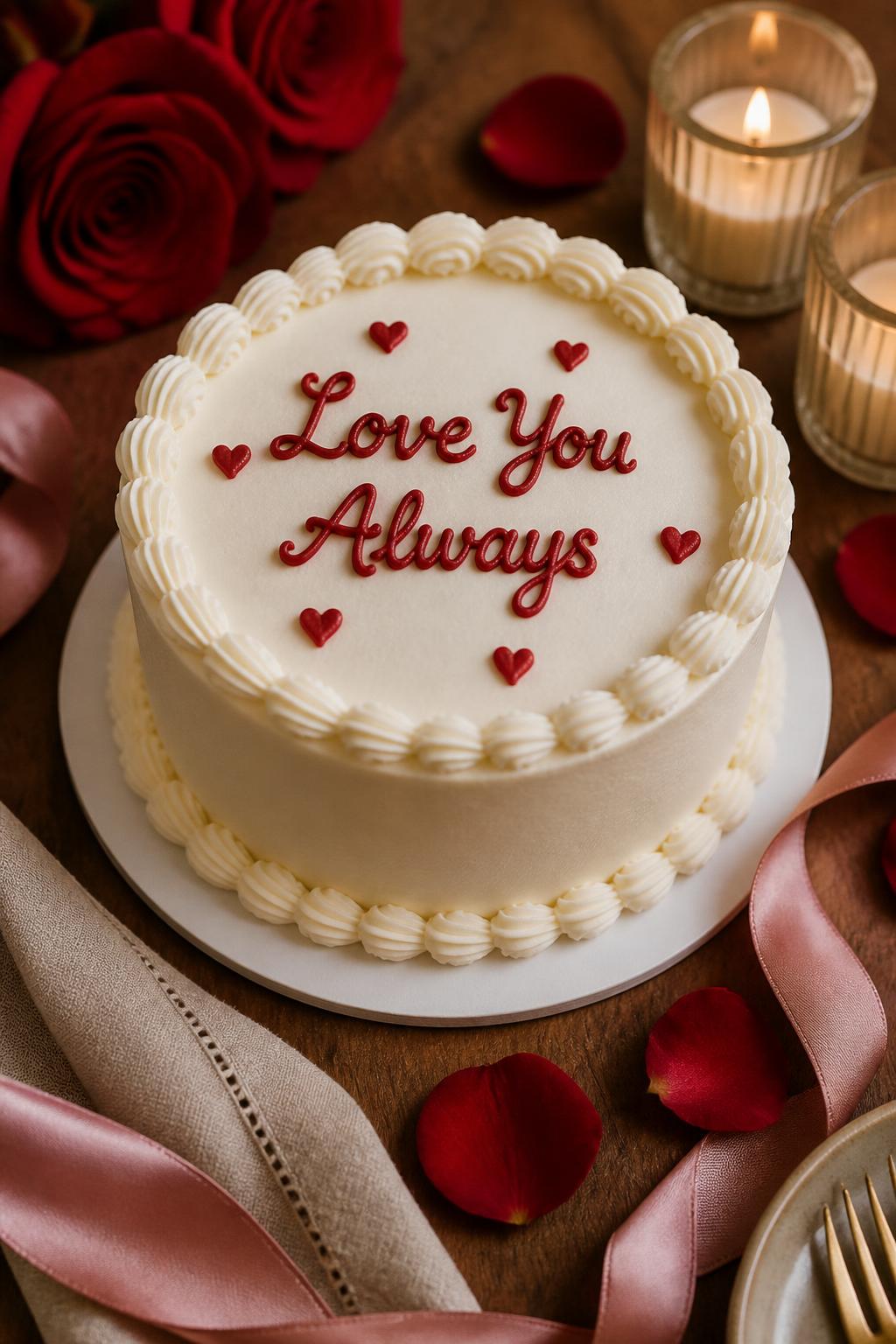 Image Prompt: A small round anniversary cake with smooth white buttercream, neat red piped lettering that says “Love You Always,” tiny red hearts, and soft shell piping around the edges. Style it on a cozy table with rose petals, candles, satin ribbon, and a folded linen napkin. Make it intimate, romantic, and realistic, no people, no faces, no watermark. (no watermarks on images)
