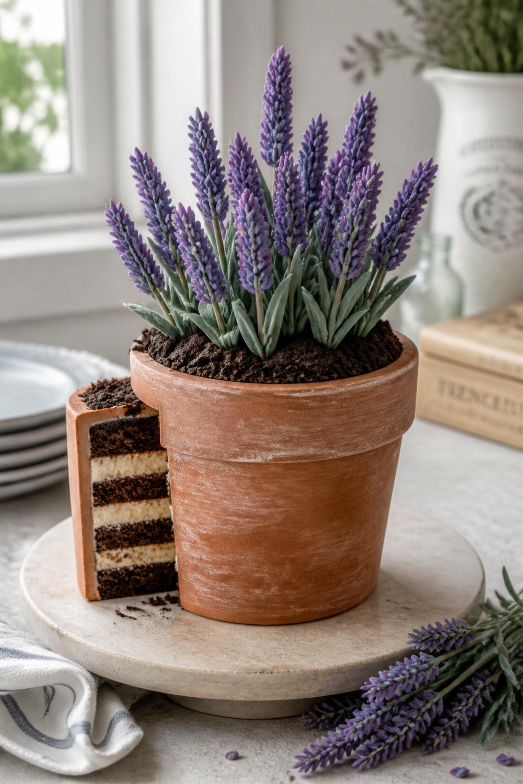Detailed Image Prompt:
A flower pot cake topped with elegant purple buttercream lavender stems, muted green foliage, cookie crumb soil, and a softly textured terracotta pot design, styled on a light stone surface with French cottage inspired decor and soft window light, refined editorial cake photography, no people, realistic DSLR quality, no watermarks on images.