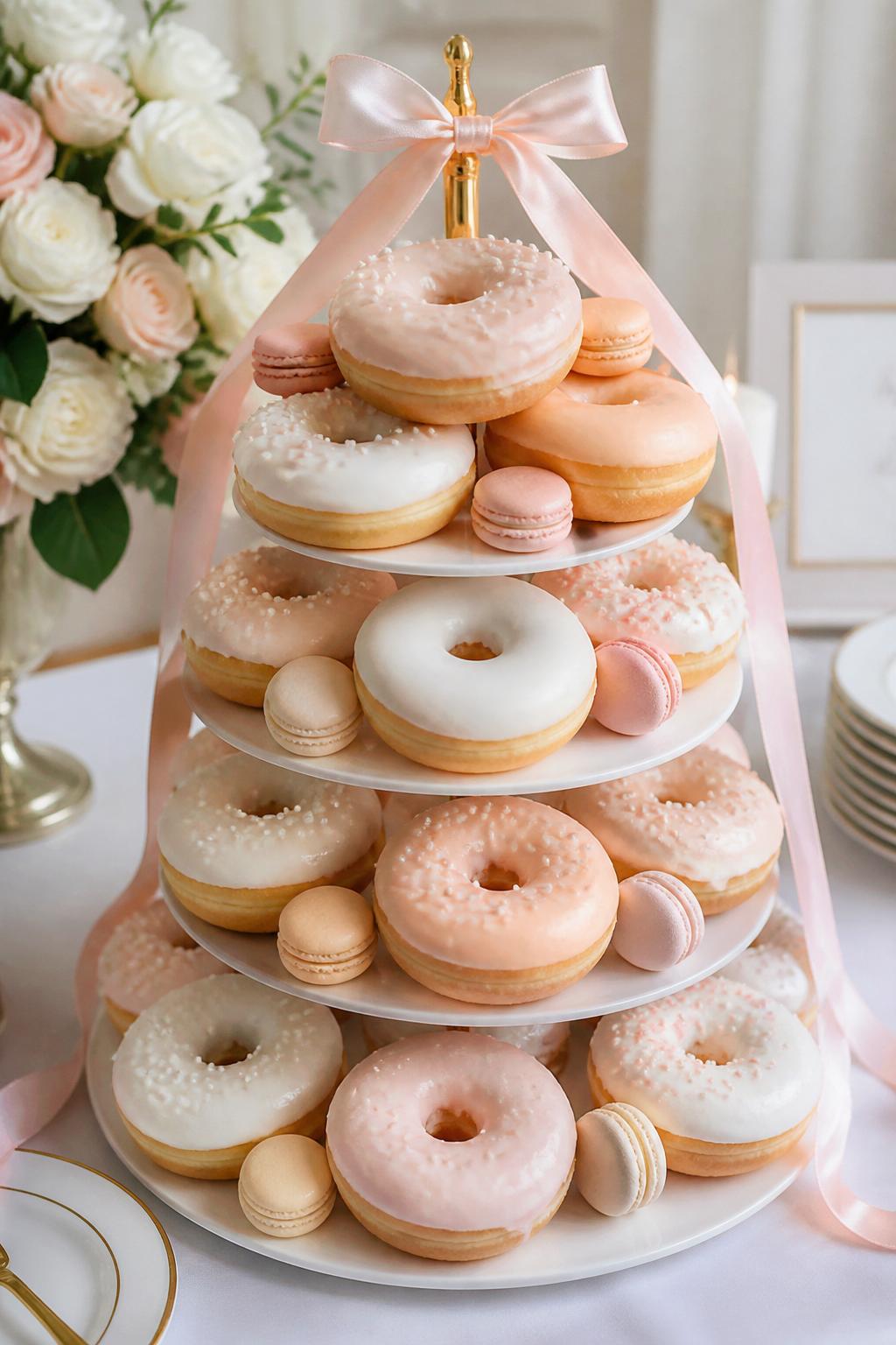 Detailed Image Prompt:
An elegant donut tower cake with white and blush glazed donuts stacked on a tiered stand, pastel macarons tucked between the layers, pearl sprinkles, soft ribbon details, and a polished dessert table setup, realistic editorial dessert photography, no people, soft natural light, no watermarks on images.