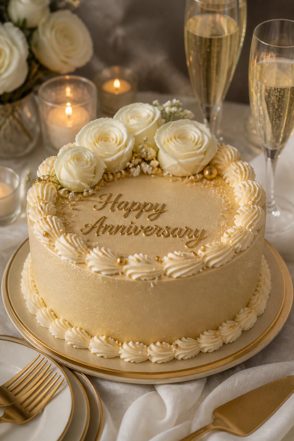 Image Prompt: A champagne gold anniversary cake with smooth satin-style buttercream, soft shimmer, ivory piping, tiny gold pearls, and cream roses on top. Place it beside champagne glasses, gold-rimmed plates, warm candles, and white linen. Make it look soft, elegant, romantic, and realistic, with editorial food photography, no people, no faces, no watermark. (no watermarks on images)