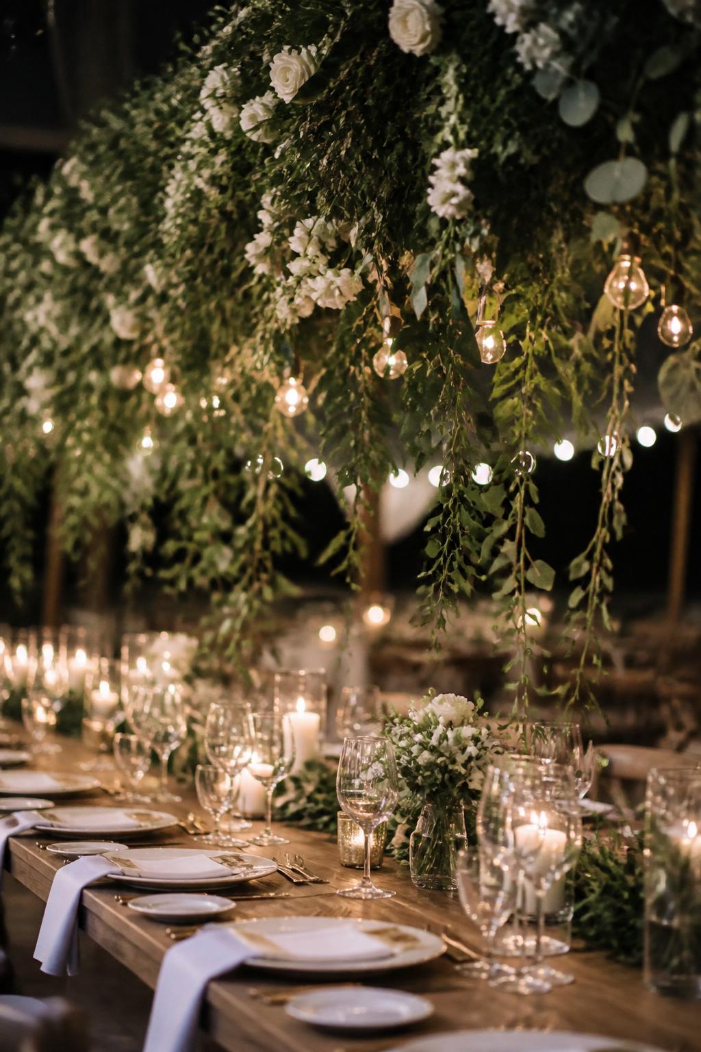 A dreamy editorial wedding reception photo showing a long wooden table beneath a hanging greenery installation with vines, eucalyptus, white flowers, and soft string lights. The table below has low candles, white plates, clear glassware, linen napkins, and elegant styling. No visible faces, no full people, no text, no watermark, realistic DSLR wedding photography, (no watermarks on images)