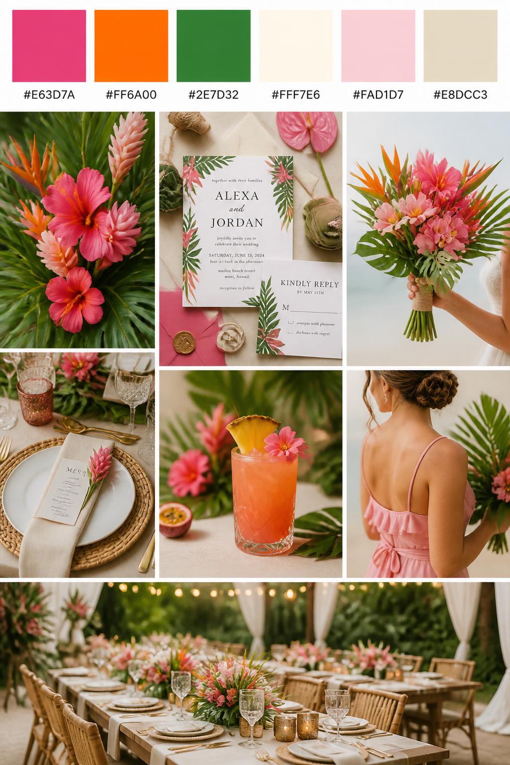 A realistic Pinterest-style tropical wedding palette board with a top row of swatches and hex codes in hibiscus pink, bright orange, leaf green, cream, soft blush, and light sand. Below the swatches, create a lively but elegant collage of wedding visuals: tropical flowers in pink and orange, lush leaf greenery, cream table settings, tropical cocktails, invitation flat lays, a side-view bouquet shot, a bridesmaid dress detail cropped below the shoulders, and a no-people reception tablescape under warm light. Use varied no-face compositions, including hands-only details, back-view styling, side-view crops, and no-people decor scenes. DSLR photo realism, 9:16 vertical format. (no watermarks on images)