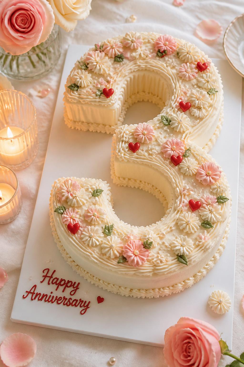 Image Prompt: A cute number 3 shaped anniversary cake with ivory buttercream, tiny blush and cream buttercream flowers, soft green leaves, pearl sprinkles, and small red heart accents. Style it on a white dessert board with candles, roses, and soft natural light. Make it sweet, pretty, and realistic, no people, no faces, no watermark. (no watermarks on images)
