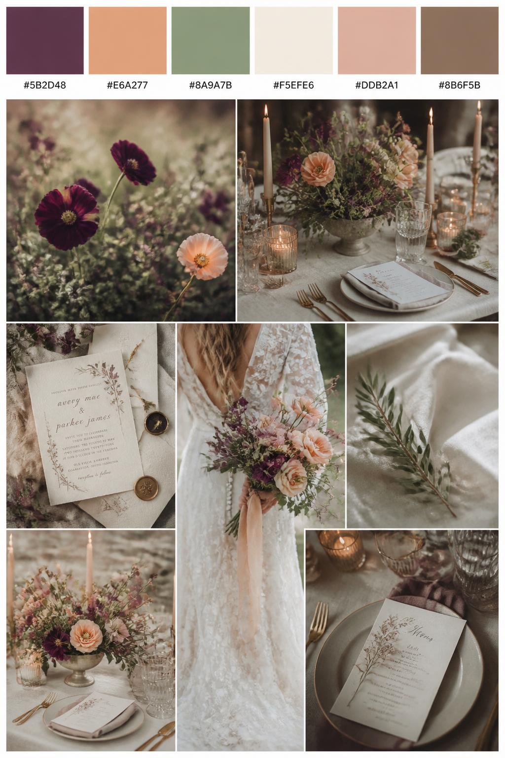 A realistic wildflower wedding inspiration board with a top row of color swatches and small hex codes in plum, apricot, sage green, cream, dusty peach, and soft brown. Below, create a romantic collage of plum wildflowers, apricot blooms, sage leaves, cream linens, warm candlelight, elegant paper goods, cropped dress detail shots, a bouquet held from the back with no face shown, and no-people tablescapes with loose wildflower centerpieces. Use back views, side angles, hands-only details, and no-people scenes for variety. DSLR realism, 9:16 vertical format. (no watermarks on images)