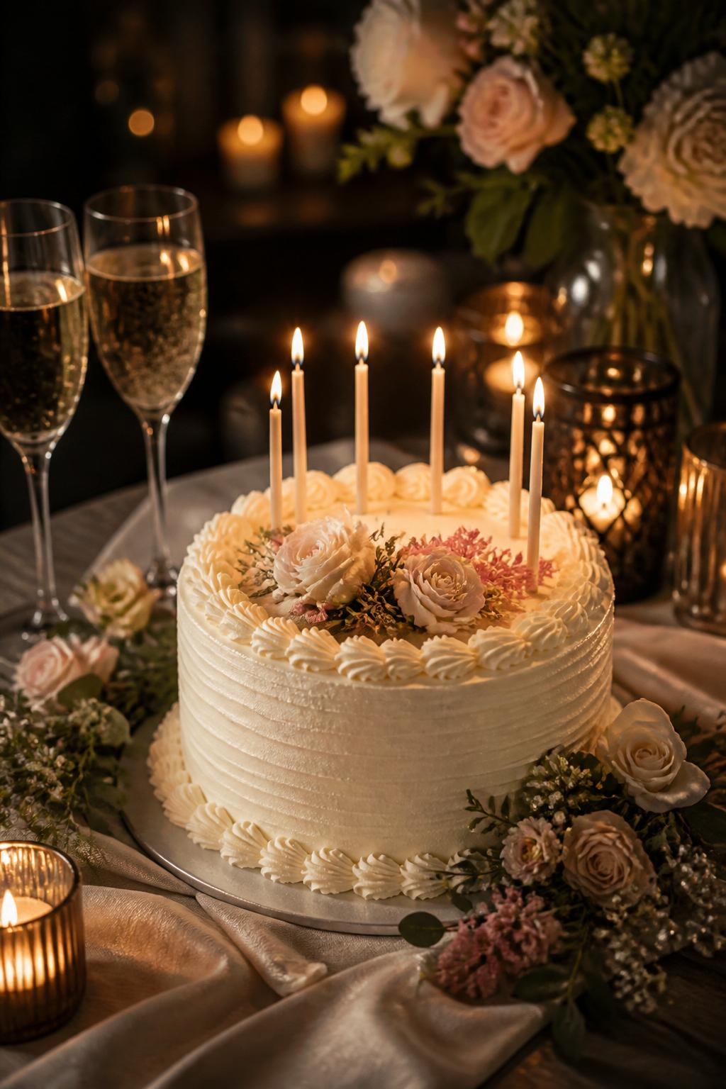 Image Prompt: A romantic candlelit anniversary cake with ivory buttercream, delicate piping, slim birthday-style candles, and soft florals around the base. Style it on a warm evening dessert table with glowing candles, champagne glasses, and elegant linen. Make it feel intimate, emotional, and beautiful for an anniversary celebration, with realistic cake texture, no people, no faces, no text overlay, no watermark. (no watermarks on images)