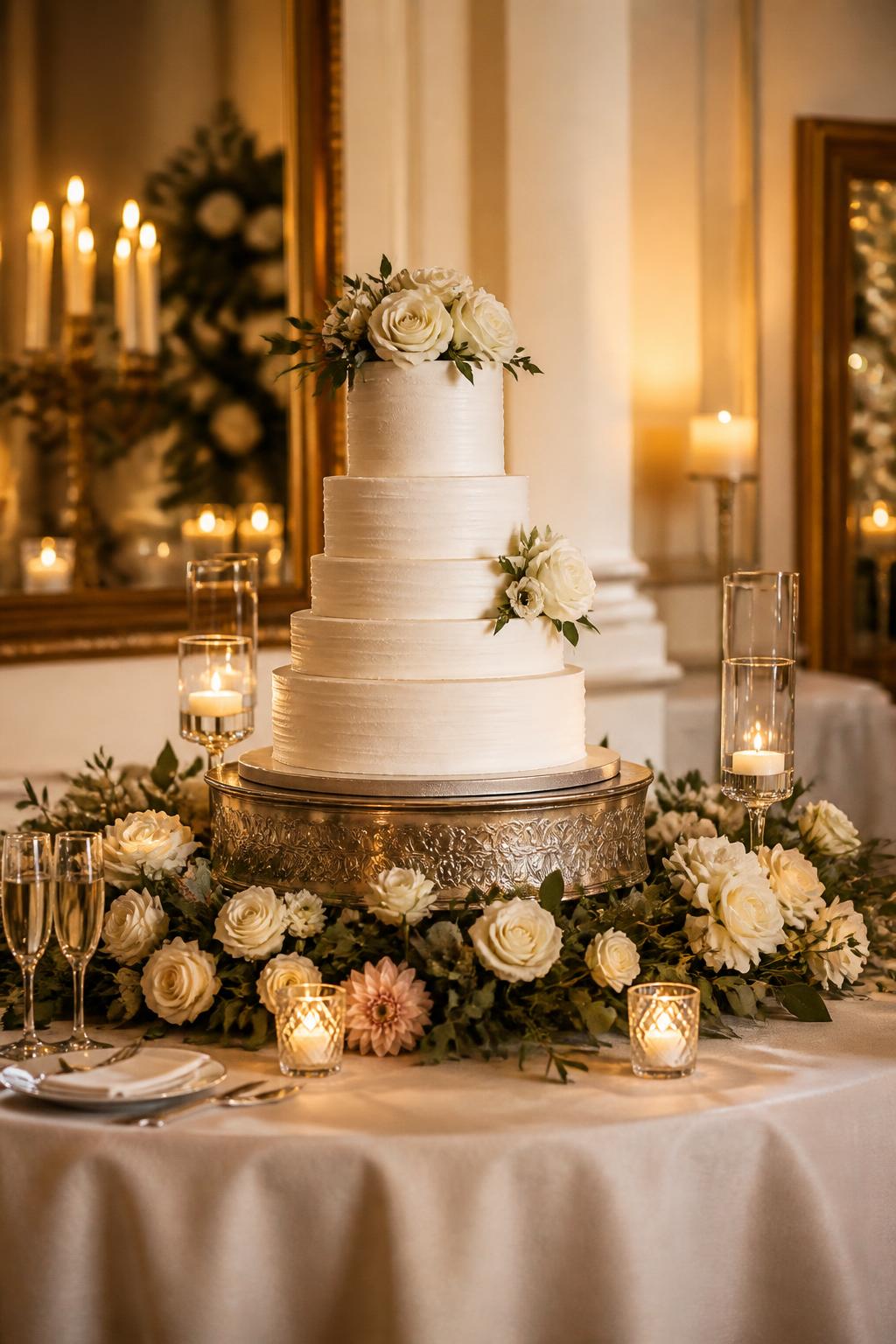 Image Prompt:
A professional editorial wedding reception photo showing a classy wedding cake table with a white tiered wedding cake on an elegant cake stand, surrounded by a soft floral garland of white roses, blush flowers, and greenery. Add ivory linen, crystal candle holders, warm candlelight, and a refined indoor reception setting. No visible faces, no full people, cake table-focused composition, realistic DSLR wedding photography, no text, no watermark, (no watermarks on images)