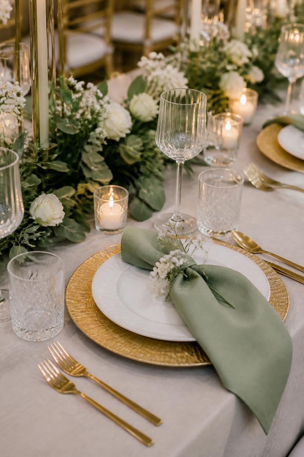 Image Prompt:
A close editorial wedding table photo focused on sage green napkins, gold chargers, white plates, gold flatware, crystal glasses, small white floral sprigs, and soft candlelight. Elegant indoor or garden reception setting, no visible faces, no text, no watermark, realistic professional wedding photography, (no watermarks on images)