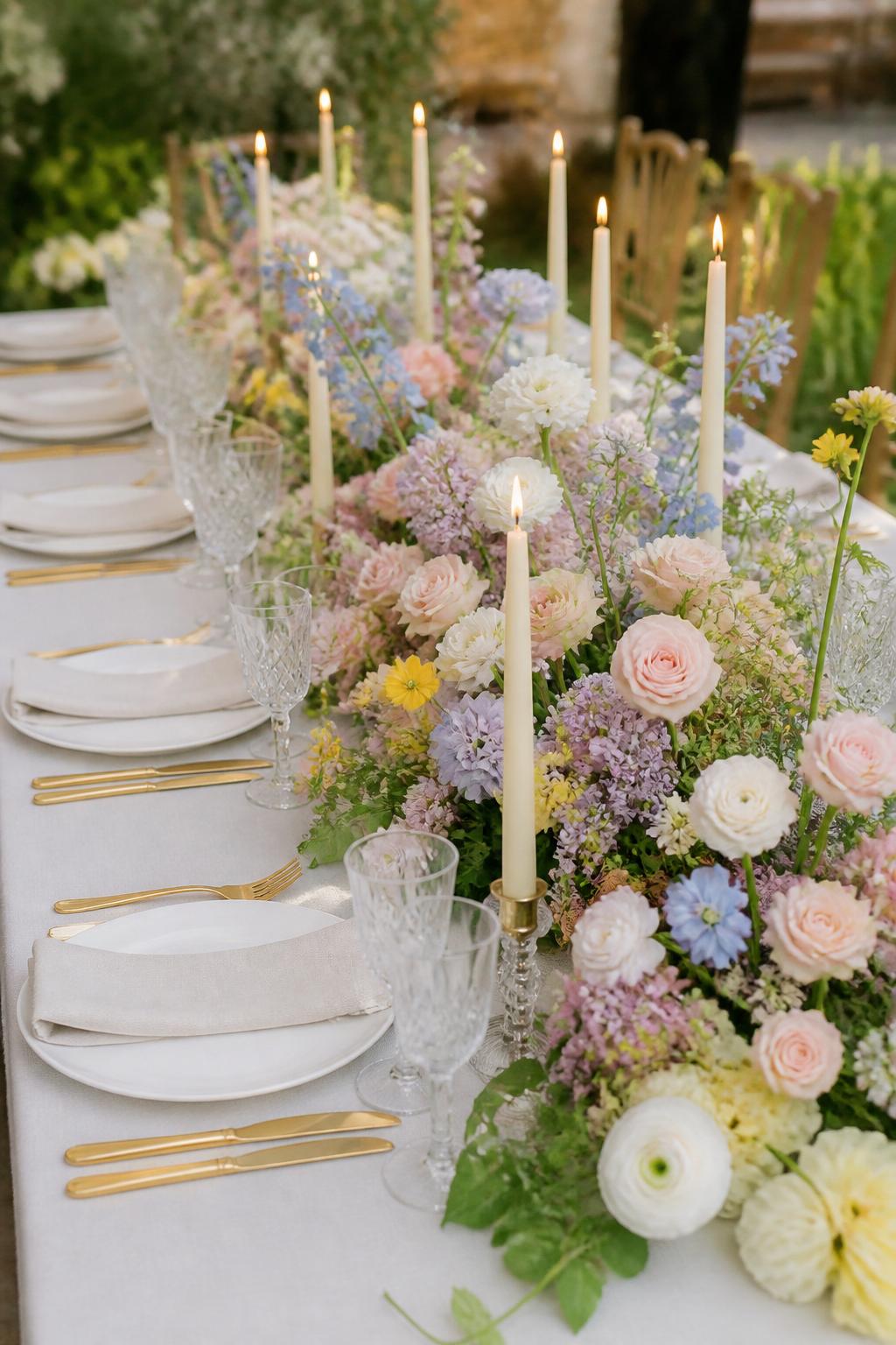 Image Prompt:
A professional editorial wedding reception photo showing a long rectangle wedding table styled with a whimsical pastel floral runner down the center, using blush roses, lilac blooms, pale yellow flowers, soft blue flowers, ivory ranunculus, and trailing greenery. Add ivory taper candles in mixed holders, white plates, gold flatware, crystal glasses, and folded linen napkins. Dreamy garden wedding reception setting, no visible faces, no full people, table-focused composition, realistic DSLR wedding photography, no text, no watermark, (no watermarks on images)