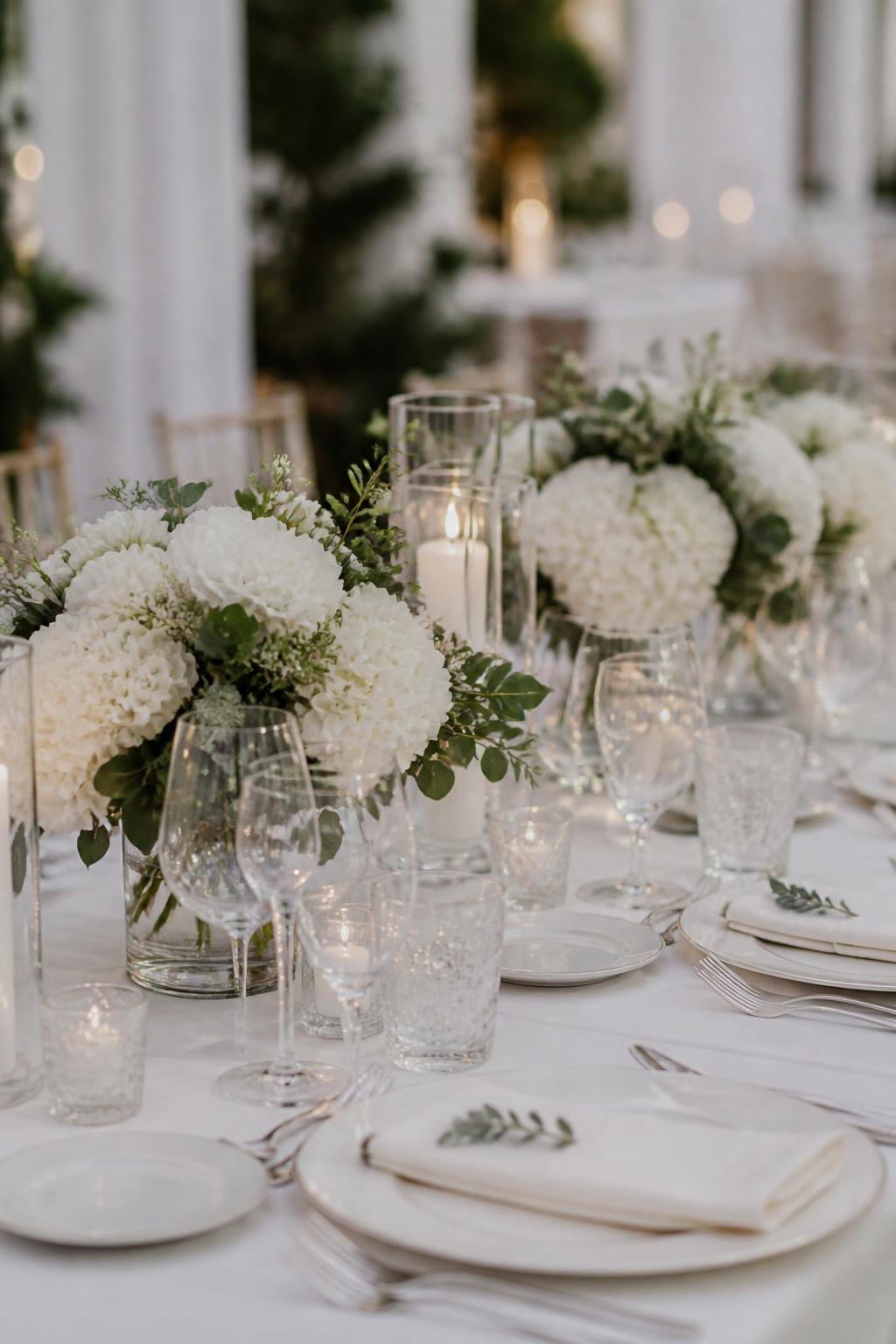 Image Prompt:
An elegant wedding table photo showing low glass vases filled with white hydrangeas and soft greenery, placed along a white linen-covered table with white plates, clear glassware, ivory candles, and polished flatware. Refined indoor or tented wedding reception setting, no visible faces, no text, no watermark, realistic editorial wedding photography, (no watermarks on images)