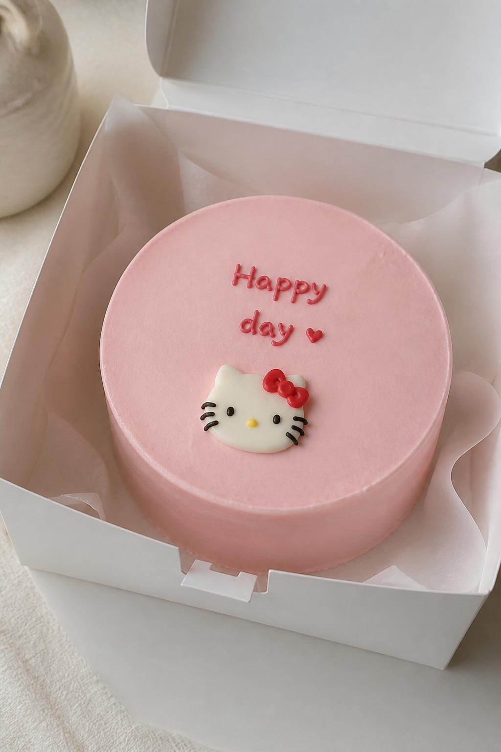 Image Prompt:
A modern Korean style Hello Kitty themed bento cake in a white cake box, smooth pale pink frosting, clean finish, tiny Hello Kitty face detail with a small red bow, simple handwritten icing message, minimal cute styling, soft neutral background, realistic editorial bakery photo, no people, no hands, no faces, no watermarks on images