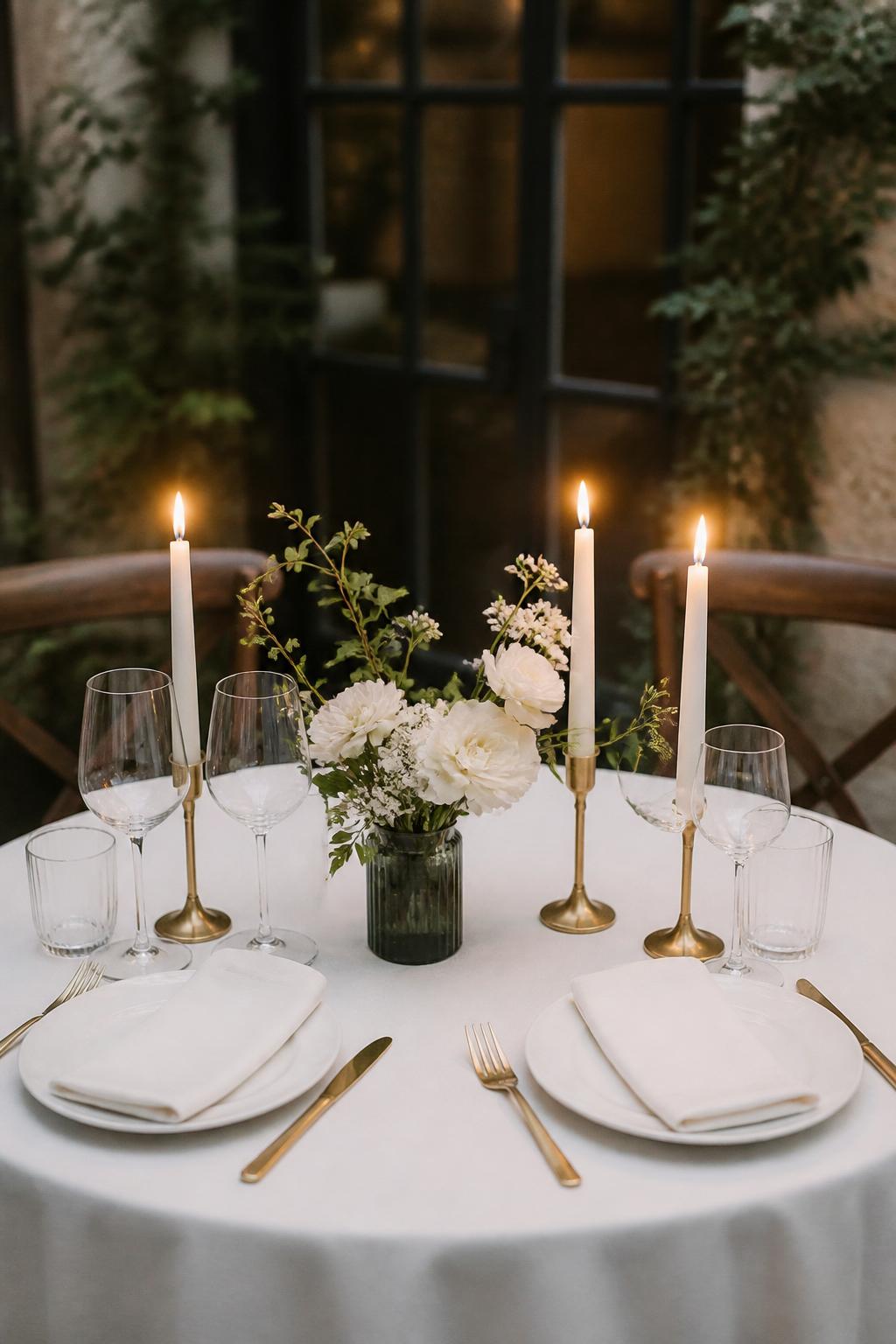 Image Prompt:
A romantic civil wedding table for two, styled like a small sweetheart table with white linen, two place settings, a tiny floral arrangement, taper candles, clear glasses, and soft warm light. Intimate restaurant, garden, or courthouse wedding celebration setting, no visible faces, no full people, table-focused composition, no text, no watermark, realistic DSLR wedding photography, (no watermarks on images)
