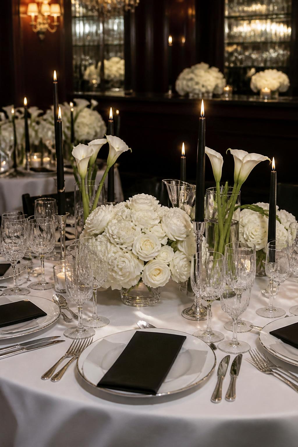 Image Prompt:
A formal black tie wedding table styled with white flowers, black taper candles, crisp white linen, black menu cards with no readable text, crystal glasses, silver flatware, and elegant white plates. Luxury ballroom or private club reception setting, no visible faces, no text, no watermark, realistic editorial wedding photography, (no watermarks on images)