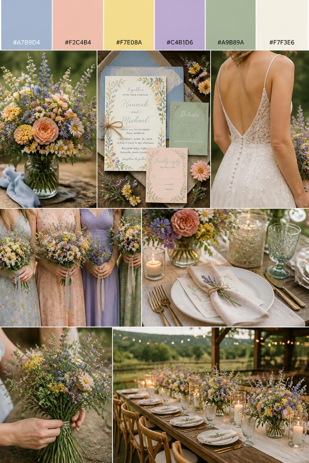 A realistic country wedding color palette mood board with a top strip of swatches and small hex codes in dusty blue, soft peach, butter yellow, lavender, sage green, and cream. Below, show a cohesive collage of mixed wildflower bouquets, cream table linens, wooden tables, soft candles, colorful rustic stationery, a back-view bridal detail, cropped bridesmaid dress fabric shots, hands-only bouquet styling, and a romantic no-people outdoor reception table with meadow-style florals. Keep faces out of frame using side angles, back views, close-up crops, and no-people scenes. The overall mood should feel cheerful, natural, country, and romantic with realistic DSLR photo quality. 9:16 vertical format. (no watermarks on images)