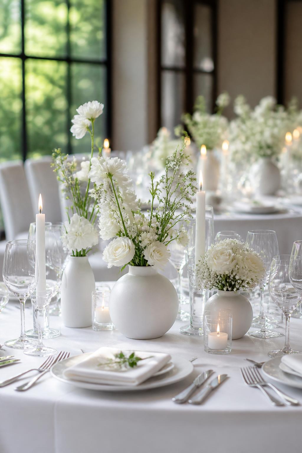 Image Prompt:
A modern wedding reception table featuring matte white ceramic vases filled with white flowers, crisp white linen, white plates, clear glasses, slim candles, and a bright clean reception setting. No visible faces, no text, no watermark, realistic editorial DSLR wedding photography, (no watermarks on images)