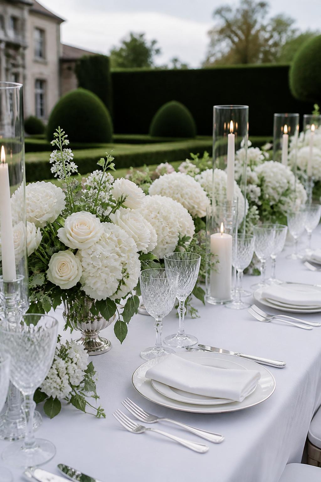 Image Prompt:
A fresh old money garden wedding table showing white roses, white hydrangeas, soft greenery, crisp white linen, silver flatware, crystal glasses, ivory candles, and classic white plates. Outdoor estate garden reception with manicured hedges in the background, no visible faces, no text, no watermark, professional editorial wedding photography, (no watermarks on images)