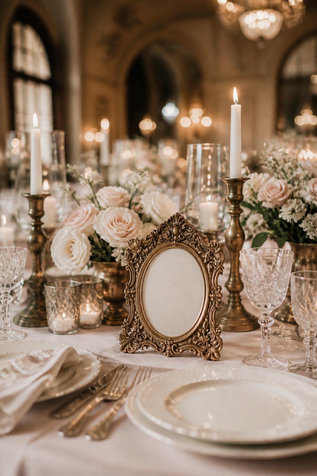 Image Prompt:
A classy vintage wedding reception table featuring ornate vintage photo frames used as table number holders with no readable text, paired with blush and ivory flowers, antique brass candle holders, crystal glasses, white plates, and soft linen. Elegant historic reception setting, no visible faces, no text, no watermark, realistic editorial wedding photography, (no watermarks on images)
