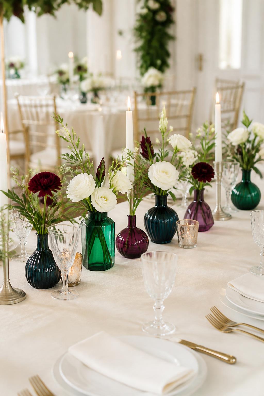 Image Prompt:
A clean wedding reception table showing a neat line of small bud vases in jewel tones such as emerald, teal, amethyst, and deep blue, each filled with white flowers, burgundy blooms, or greenery. Add ivory linen, white plates, slim candles, crystal glasses, and polished flatware. Bright elegant reception setting, no visible faces, no text, no watermark, realistic editorial photography, (no watermarks on images)