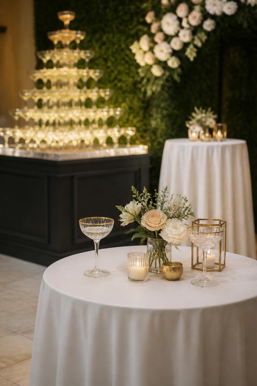 Image Prompt:
A stylish wedding cocktail hour scene showing a champagne tower in the background and nearby small cocktail tables styled with white linens, tiny floral arrangements, crystal glasses, and gold accents. The focus is on one decorated cocktail table in the foreground. No visible faces, no full people, no text, no watermark, realistic editorial wedding photography, (no watermarks on images)