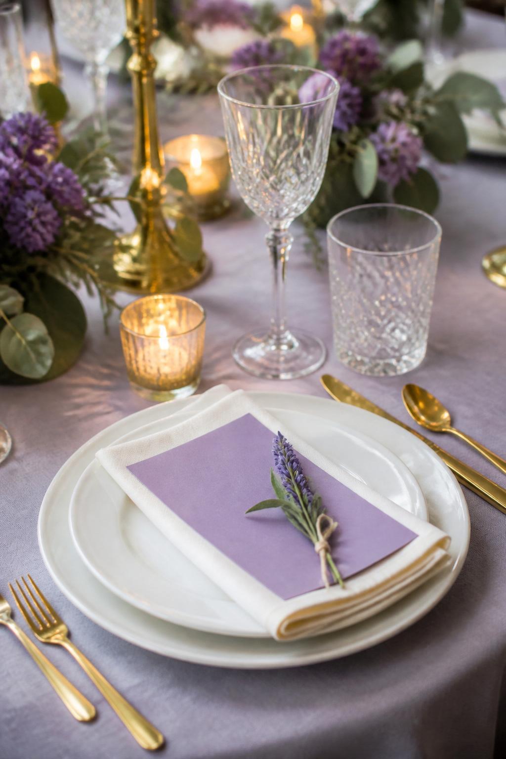 Image Prompt:
A close wedding table photo showing soft purple menu cards with no readable text, layered white plates, folded ivory linen napkins, gold flatware, crystal glasses, a small lavender sprig, and soft candlelight. Elegant civil or garden wedding reception setting, no visible faces, no text, no watermark, realistic professional photography, (no watermarks on images)