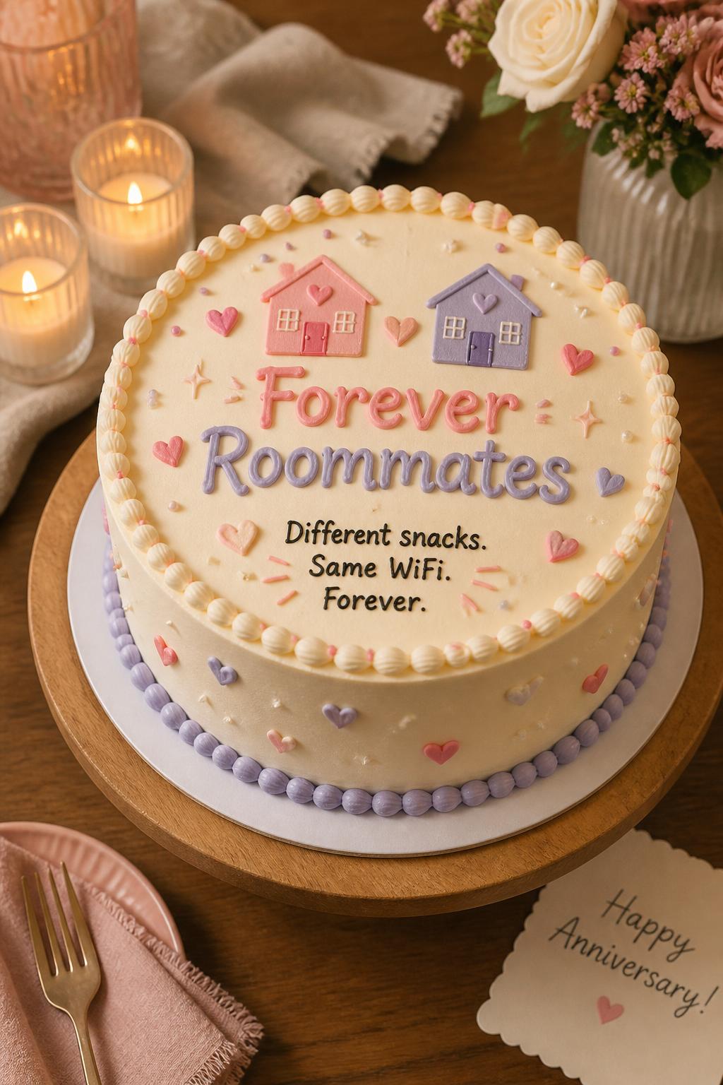Image Prompt: A cute funny anniversary cake with smooth cream buttercream, playful lettering that says “Forever Roommates,” tiny house icons, hearts, pearl borders, and soft pastel piping. Style it on a cozy home-style dessert table with candles, folded linen, flowers, and warm indoor lighting. Make it sweet, funny, realistic, and polished, no people, no faces, no watermark. (no watermarks on images)