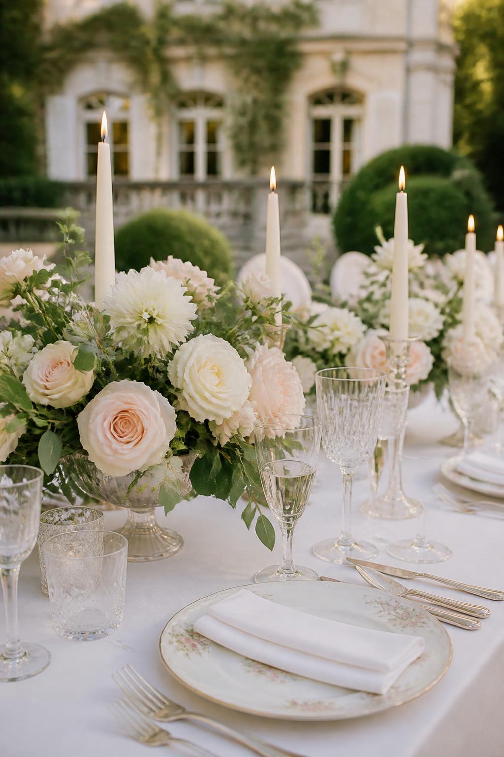 Image Prompt:
A refined wedding reception table showing fine china-style plates, soft garden roses in ivory and pale blush, crystal glasses, silver flatware, white linen, and ivory taper candles. The setting feels like a historic estate garden wedding, no visible faces, no text, no watermark, professional DSLR wedding photography, (no watermarks on images)