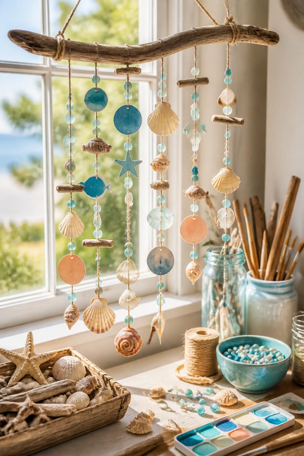 Detailed Image Prompt:
A charming end-of-summer craft photo showing handmade seashell wind chimes, small shells, beads, wooden sticks, twine, and painted paper charms hanging from a driftwood-style branch, displayed near a sunny window with craft supplies nearby, soft coastal summer keepsake mood, no people, no faces, no readable text, no watermark on images.