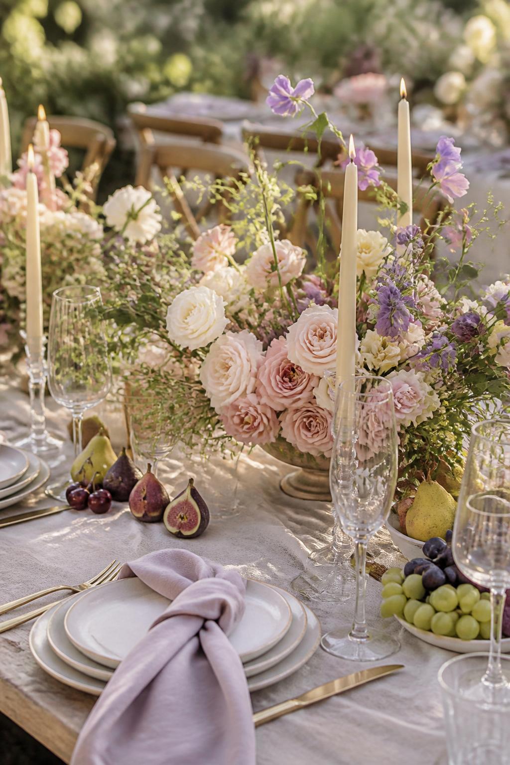 Image Prompt:
A romantic whimsical wedding table styled with soft garden flowers, greenery, pears, figs, grapes, cherries, ivory candles, ceramic plates, linen napkins, and clear glassware. Use a soft color palette with blush, ivory, pale yellow, and lavender. Garden or vineyard reception setting with warm natural light, no visible faces, no text, no watermark, realistic editorial photography, (no watermarks on images)