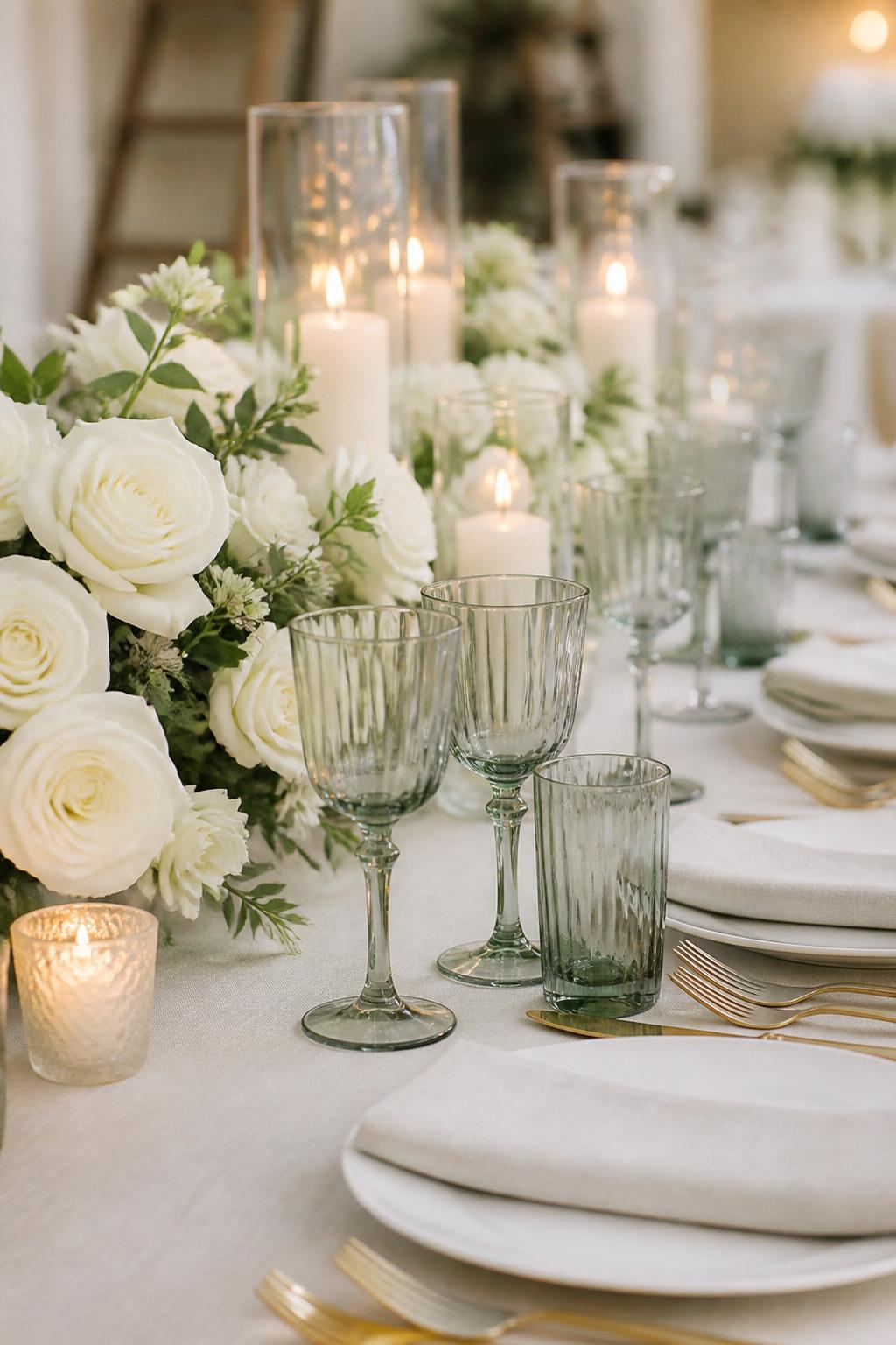 Image Prompt:
A stylish wedding reception table featuring sage green tinted glassware, white roses, ivory linen, white plates, folded neutral napkins, gold flatware, and warm candlelight. The setting feels fresh, romantic, and refined, no visible faces, no text, no watermark, realistic DSLR editorial photography, (no watermarks on images)