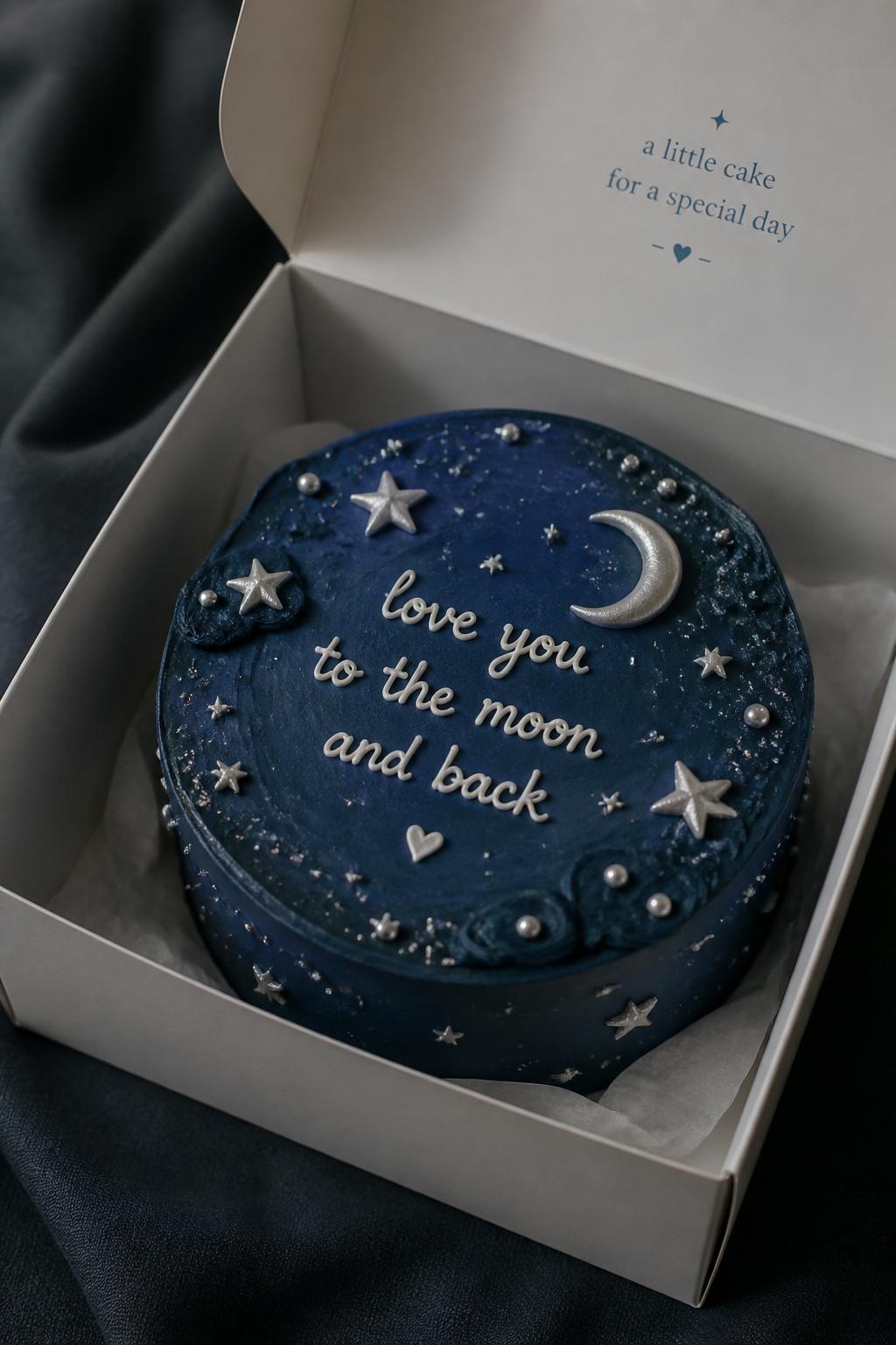 Image Prompt:
A dreamy star themed blue bento cake in a white cake box, deep blue frosting, tiny silver and white star details, moon accents, soft white icing lettering, magical night sky styling, gentle moody light, realistic editorial dessert photography, no people, no hands, no faces, (no watermarks on images)