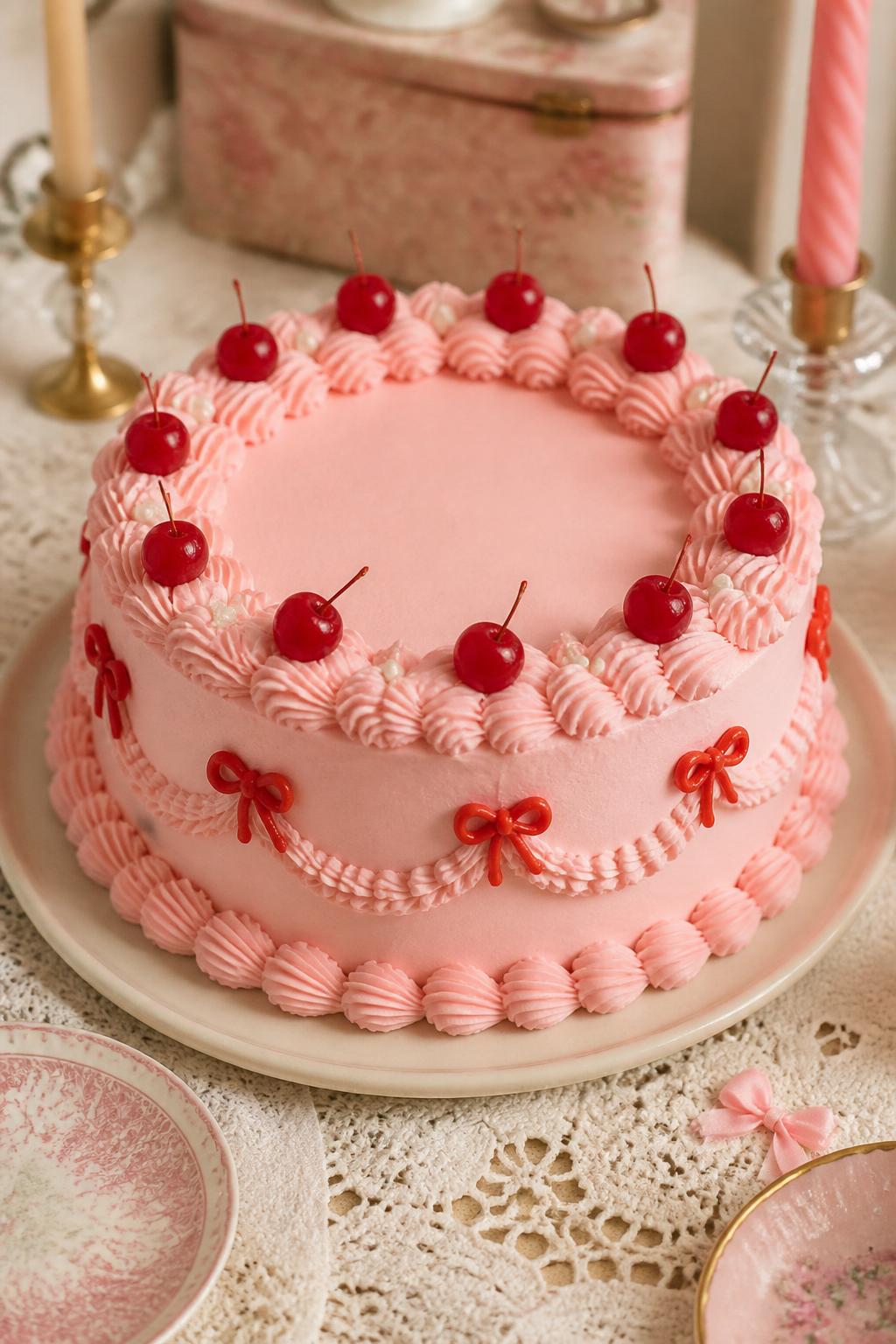 Detailed Image Prompt:
A sweet vintage cake with pale pink buttercream, tiny red bow details, glossy cherries on top, piped frill borders, and neat shell piping, styled on a delicate lace table with candle accents, realistic DSLR cake photography, no people, no watermarks on images.