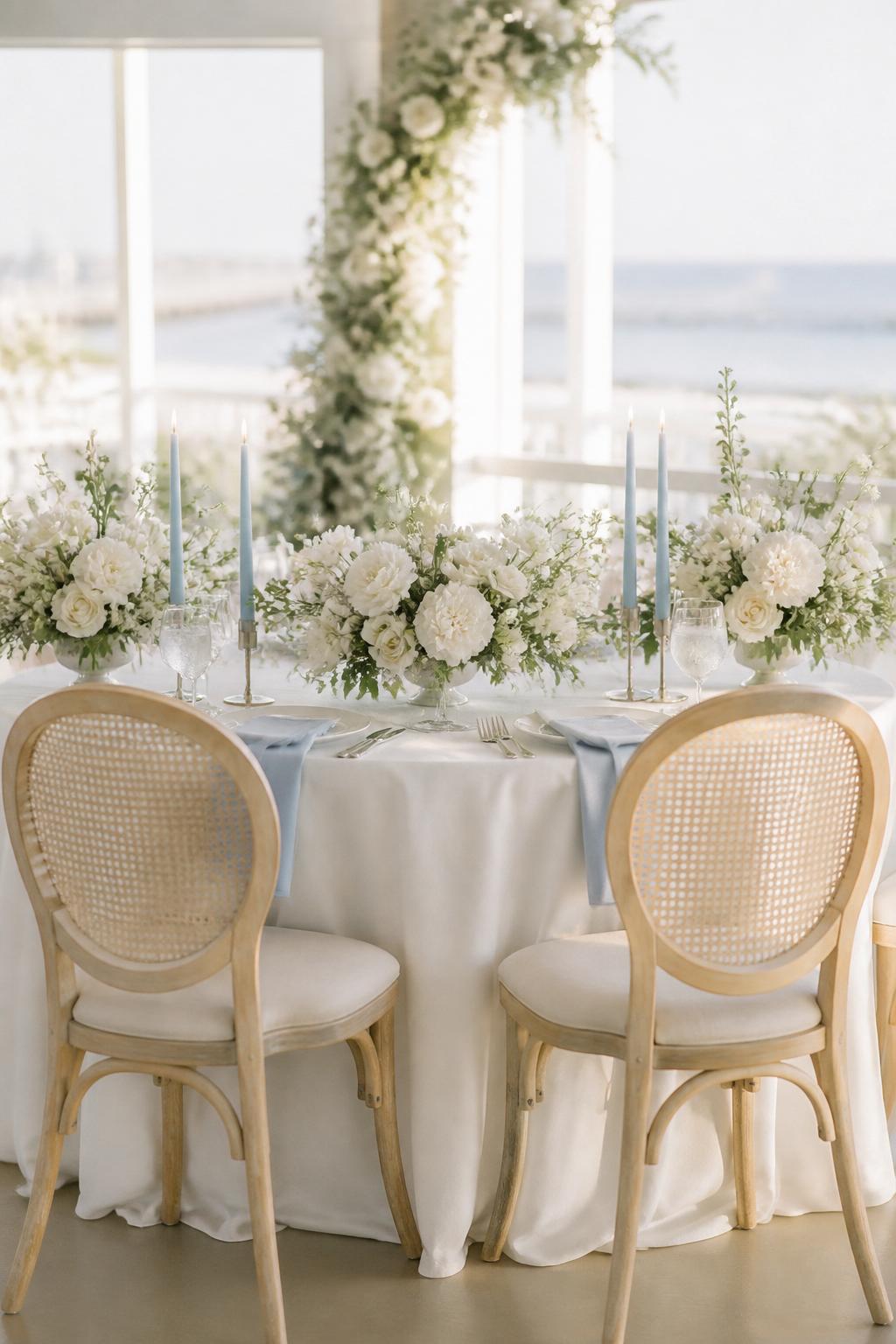 Image Prompt:
A fresh coastal wedding sweetheart table featuring white linen, soft blue napkins, white flowers, pale blue taper candles, clear glassware, and light wood or rattan-style chairs. Airy seaside or beach house reception setting, no visible faces, no full people, realistic editorial wedding photography, no text, (no watermarks on images)