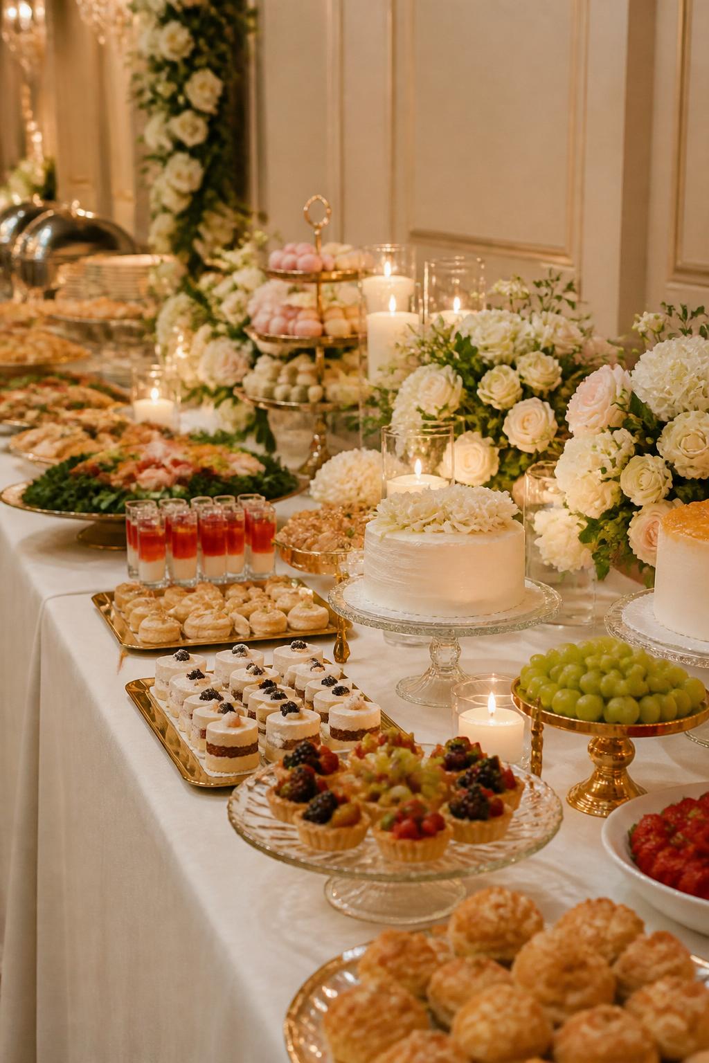 Image Prompt:
A classy wedding buffet and dessert table combination styled with elegant platters, small cakes, pastries, fruit, white linen, low floral arrangements, clear glass stands, gold serving trays, and soft warm lighting. No visible faces, no hands, no text, no watermark, realistic editorial wedding photo.