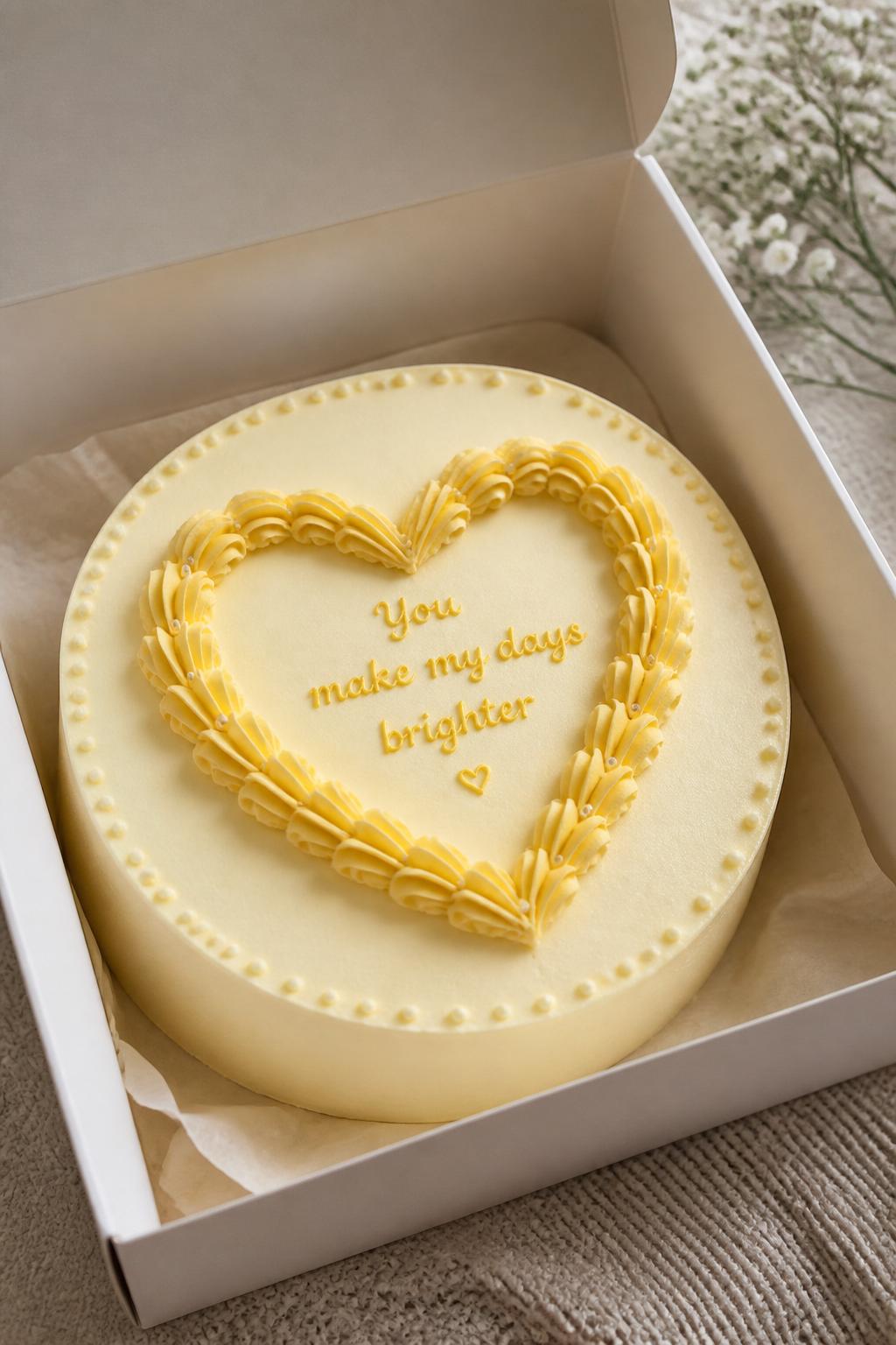 Image Prompt:
A creative yellow heart frame bento cake inside an open white cake box, smooth cream and pale yellow frosting, a piped yellow heart frame around the center, neat message inside the heart, tiny dot border, soft romantic styling, realistic dessert photography, no people, no hands, no faces, no watermarks on images