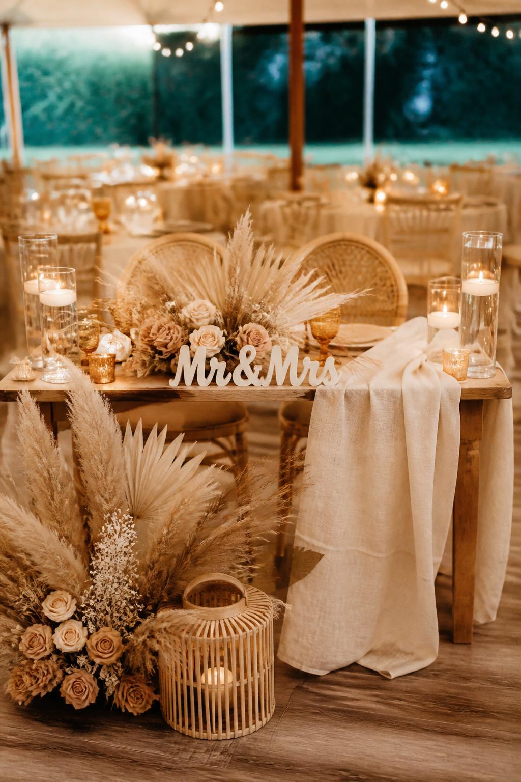 Image Prompt:
A stylish boho wedding sweetheart table with a small Mr and Mrs sign, pampas grass, dried flowers, beige roses, neutral linen, rattan accents, amber glassware, and soft candlelight. Outdoor tented or warm indoor reception setting, no visible faces, no watermark, realistic DSLR wedding photography.