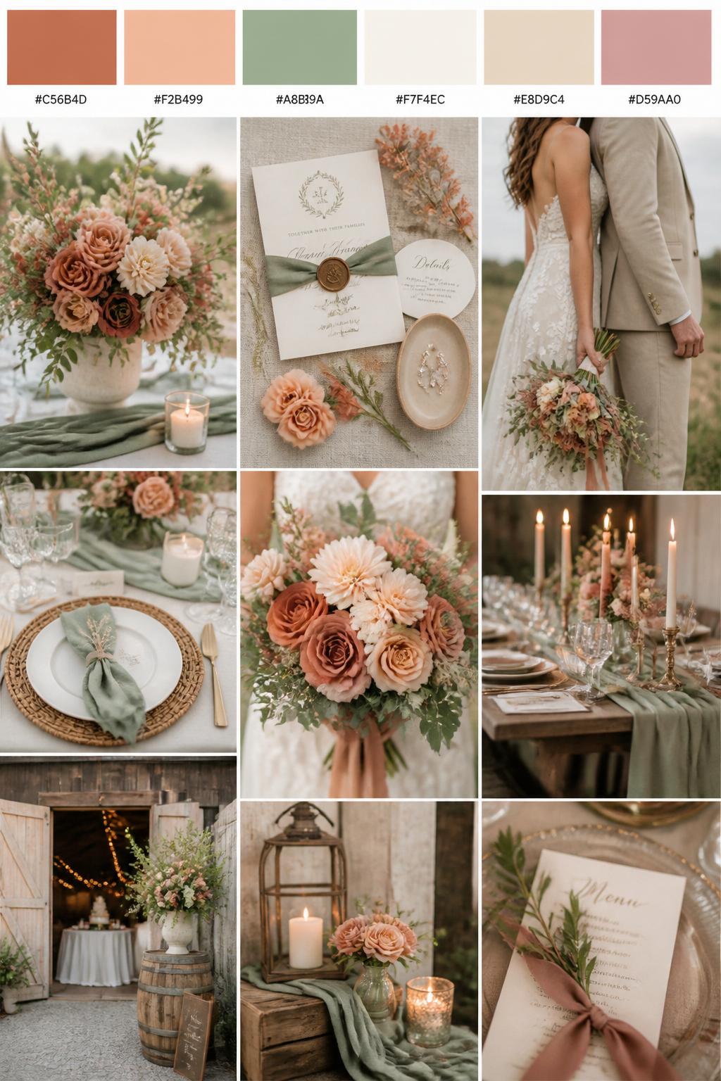 A realistic wedding palette mood board in a polished Pinterest collage layout. Include a top strip of color swatches with hex codes in terracotta, peach, sage green, ivory, warm beige, and dusty rose. Below, show a soft collage with peach flowers, terracotta floral accents, sage greenery, ivory table styling, invitation flat lays, candlelit details, a side-view cropped couple shot with no faces visible, bouquet close-ups, and softly lit country decor scenes. Keep variety in the compositions with no full faces, using back views, hands-only images, and no-people styling scenes. The mood should feel warm, sweet, country, and romantic with real DSLR photo quality. 9:16 vertical format. (no watermarks on images)