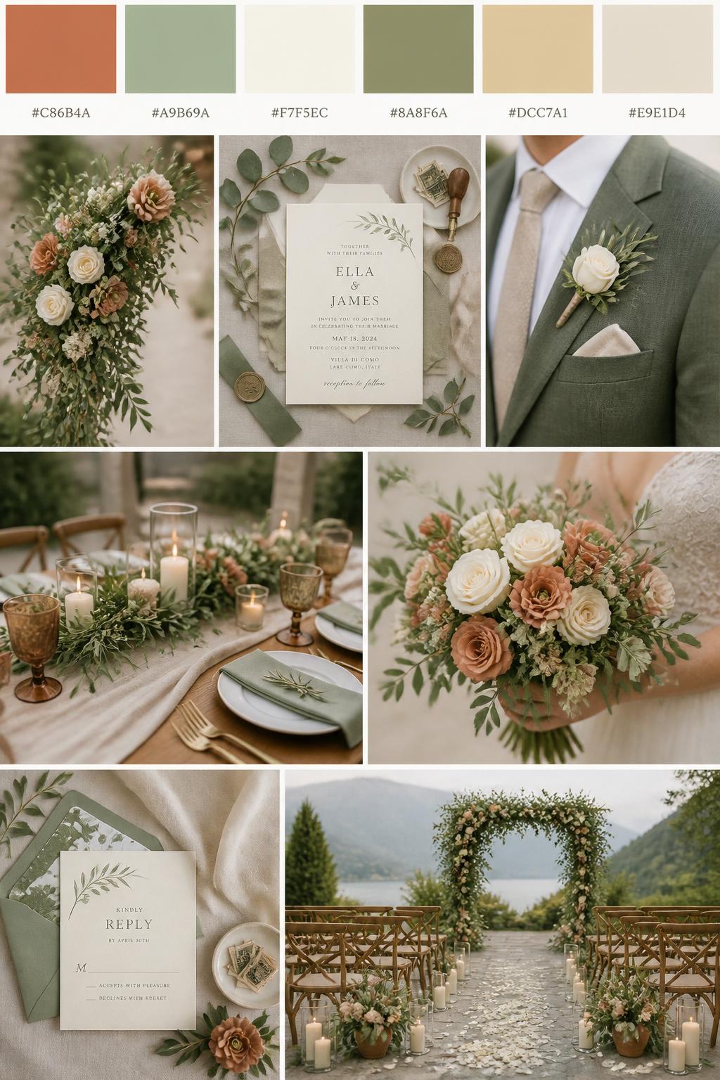 A realistic wedding mood board with a top strip of color swatches and small hex codes in soft terracotta, sage green, ivory, muted olive, warm sand, and soft beige. Below, show a calm romantic collage of wedding details: sage greenery, terracotta floral accents, ivory roses, natural table styling, invitation flat lays, a cropped groom suit detail with boutonniere and no face visible, hands holding a bouquet, and a no-people ceremony setup with soft greenery and candles. Keep the collage polished and airy with DSLR-style realism. Use no clear faces, with side angles, back views, detail-only shots, and no-people scenes. 9:16 vertical format. (no watermarks on images)